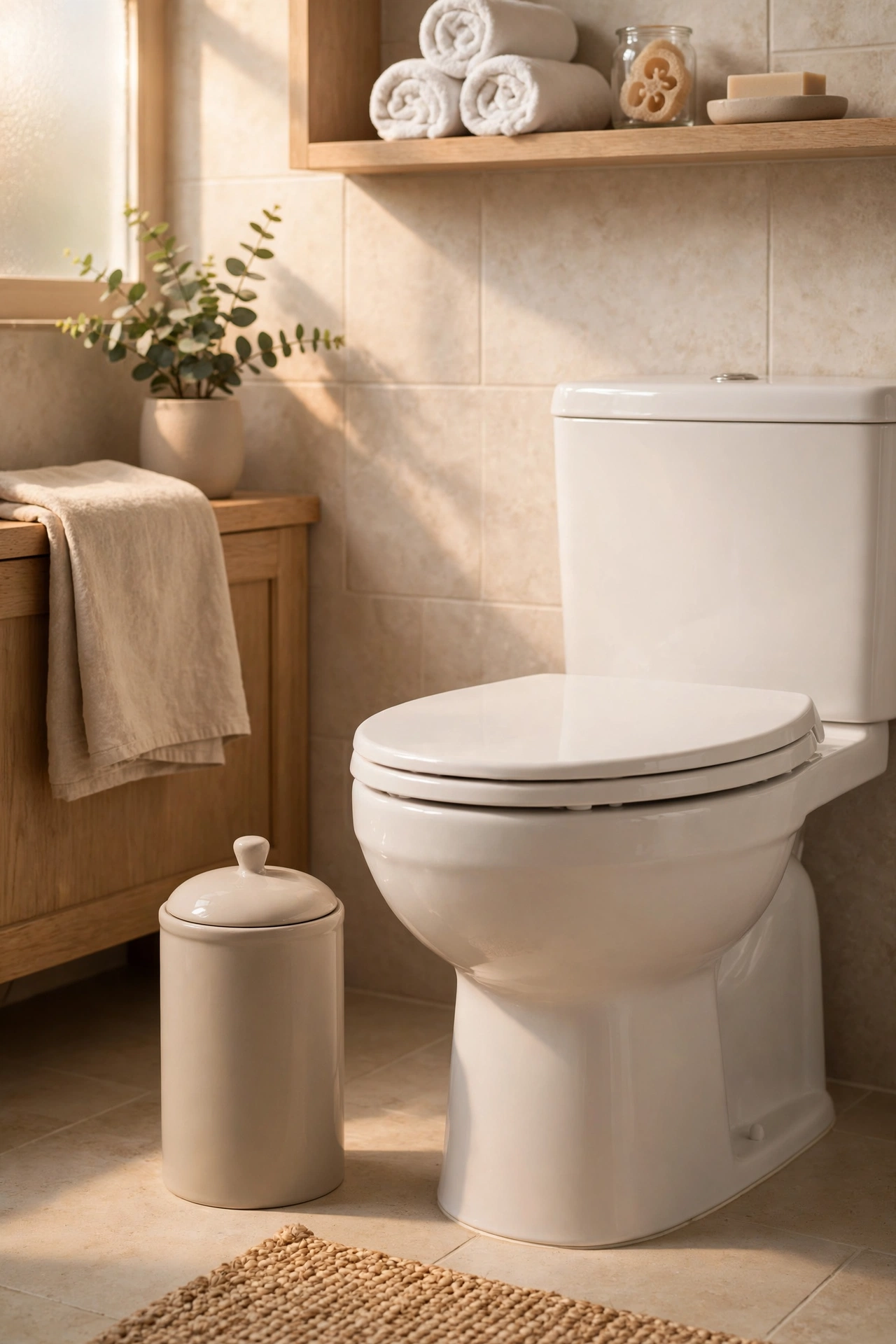 Lidded ceramic toilet brush holder blending with the bathroom scheme