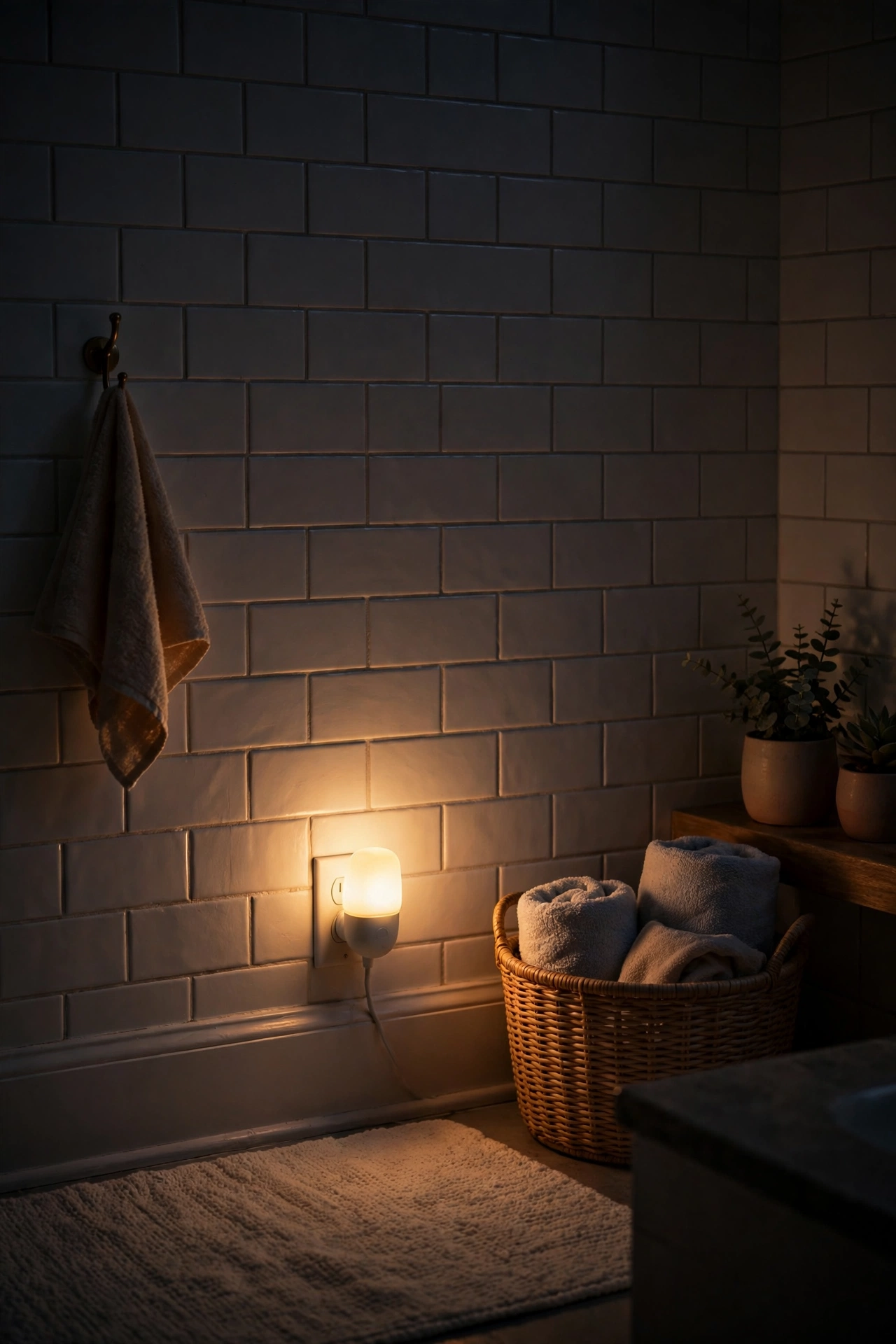 Warm plug-in nightlight glowing low on a bathroom wall at night