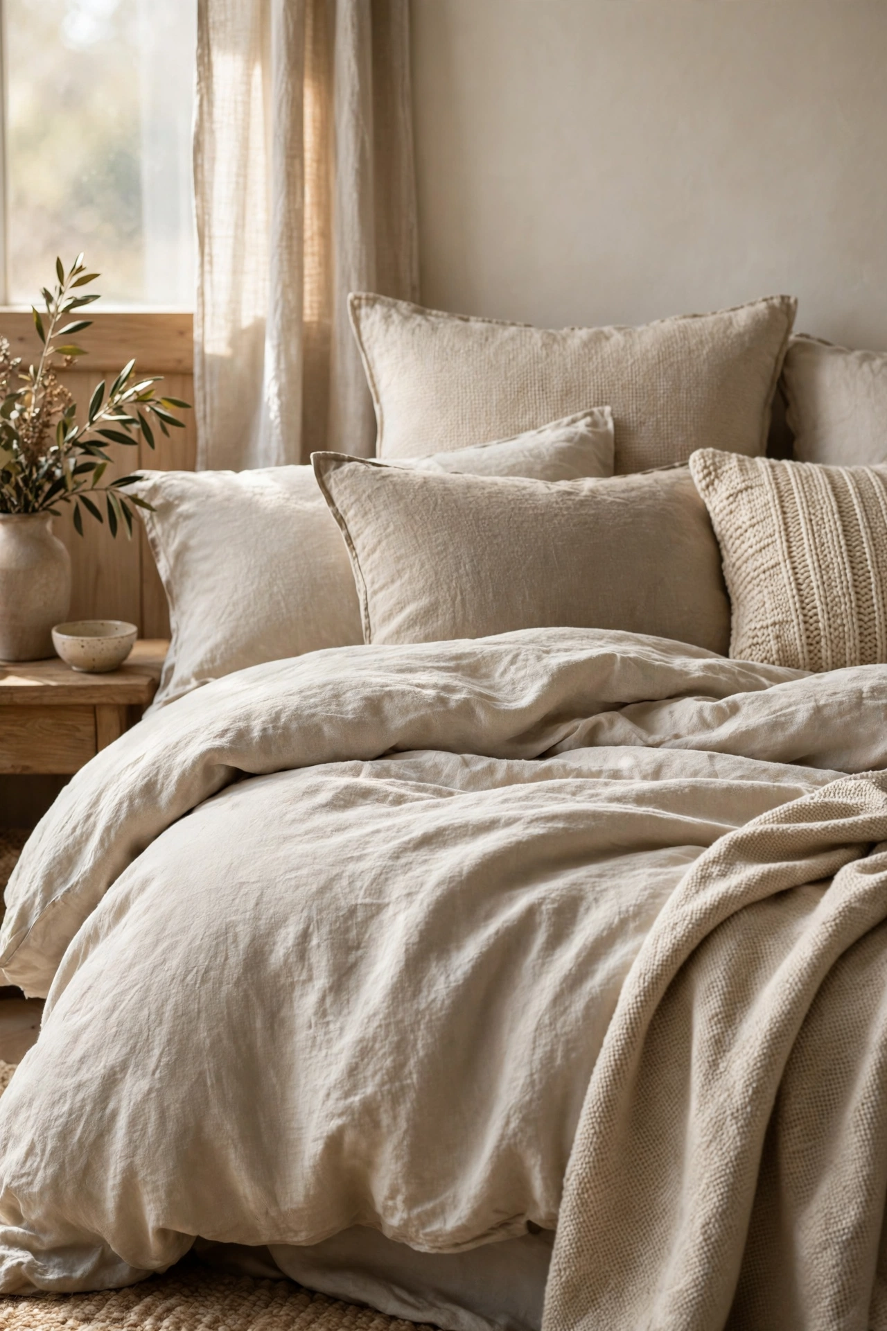 Washed linen-look duvet set in oatmeal on a styled bed
