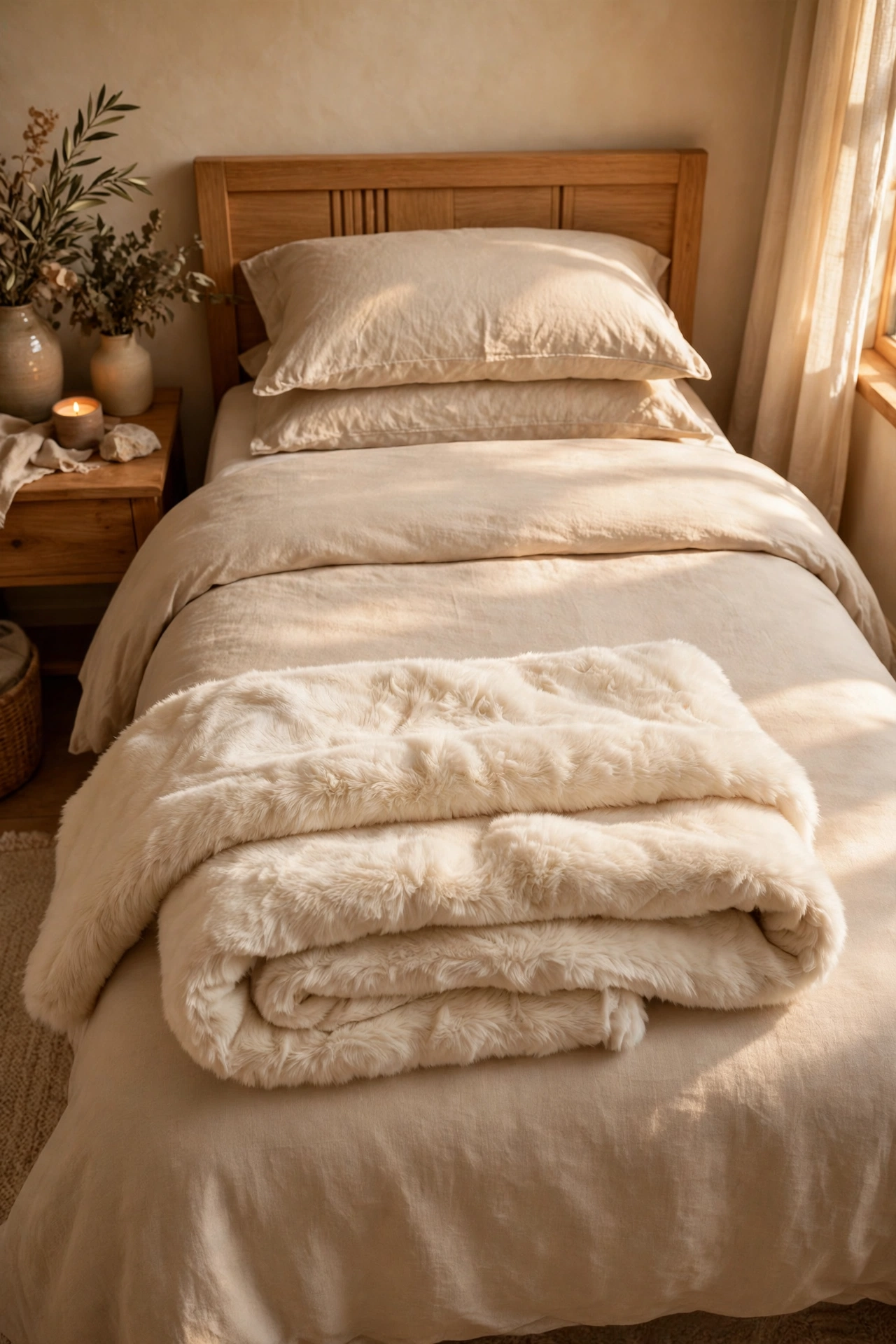 Cream faux fur throw folded across the foot of a bed