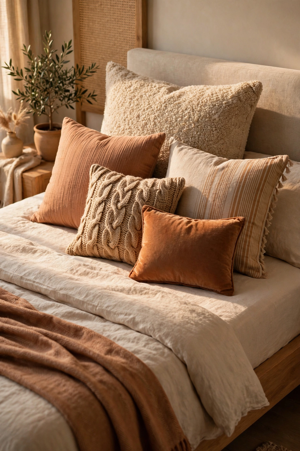 Bed styled with five cushions in varied sizes and textures