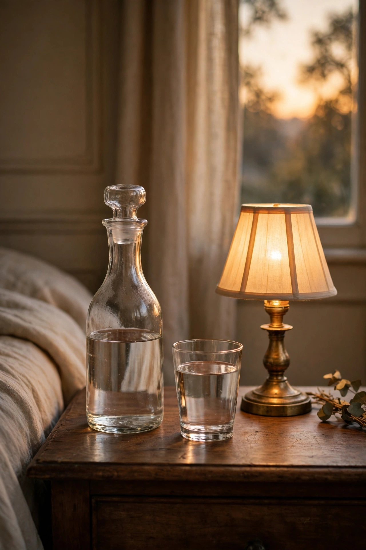 Glass carafe and tumbler set on a bedside table