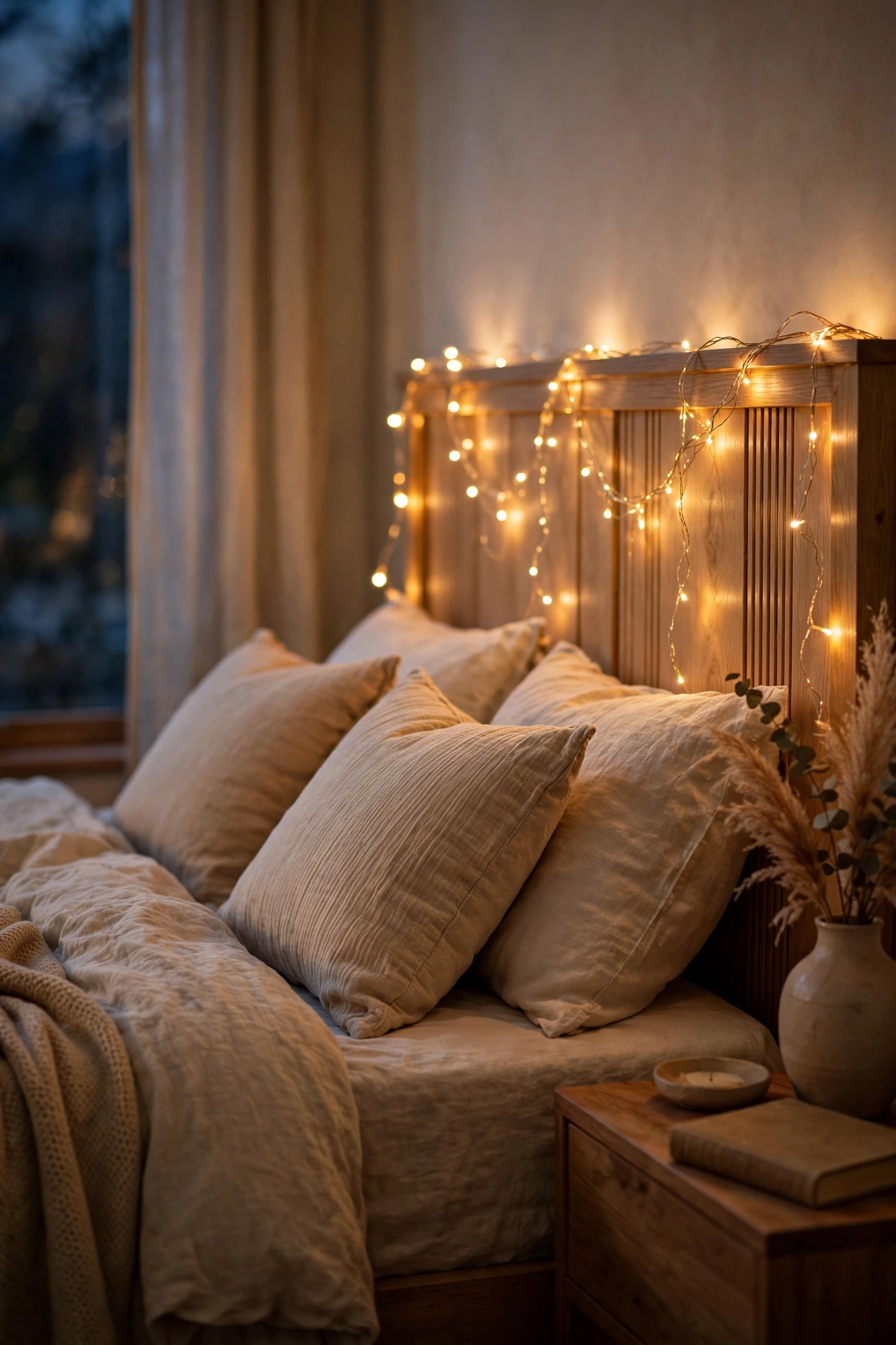 Warm fairy lights draped along a headboard with a timer glow