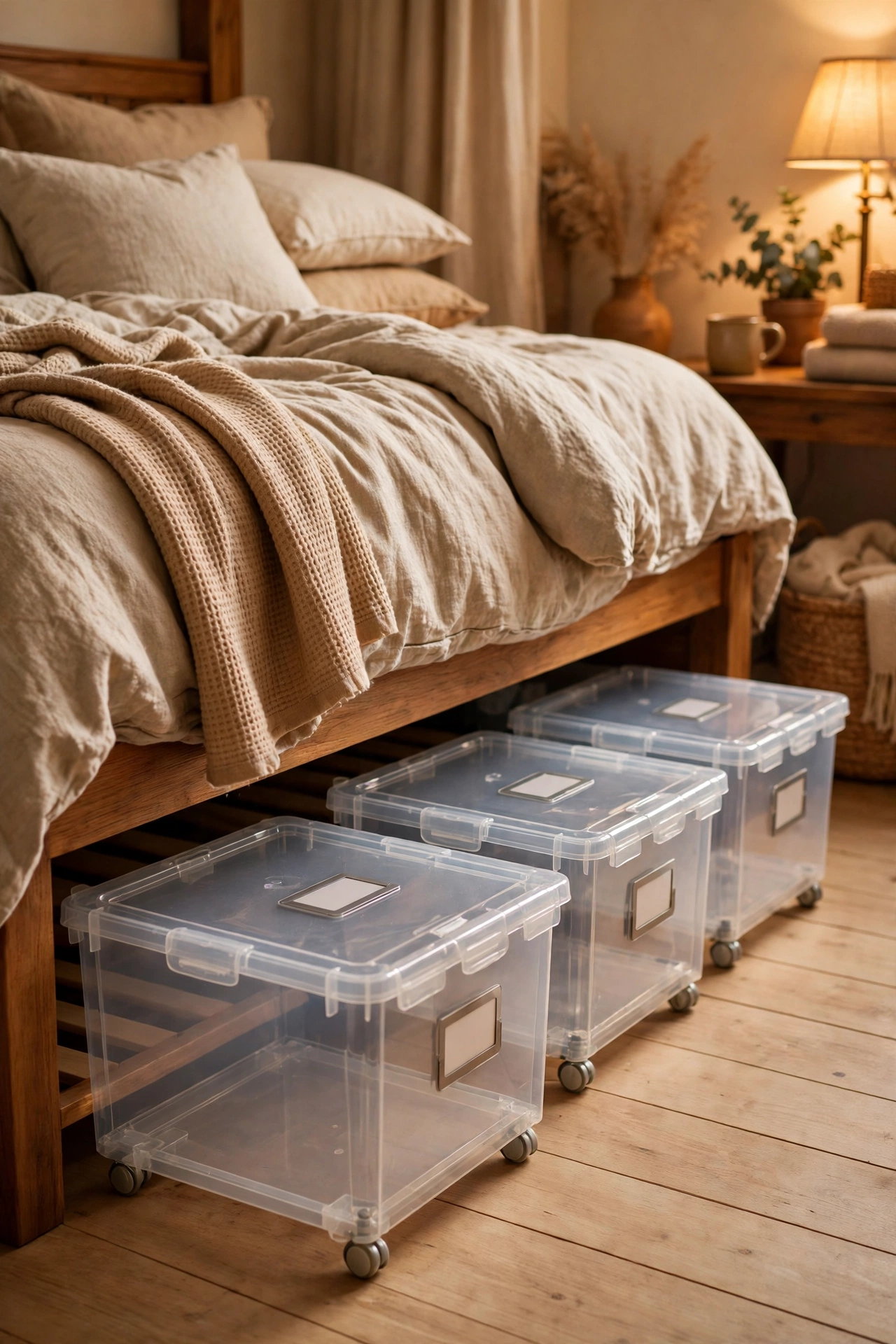 Labelled lidded under-bed storage boxes gliding under a bed