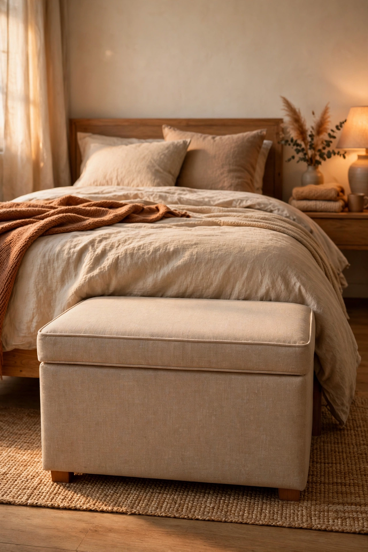 Fabric storage ottoman at the foot of a bed with flush lid