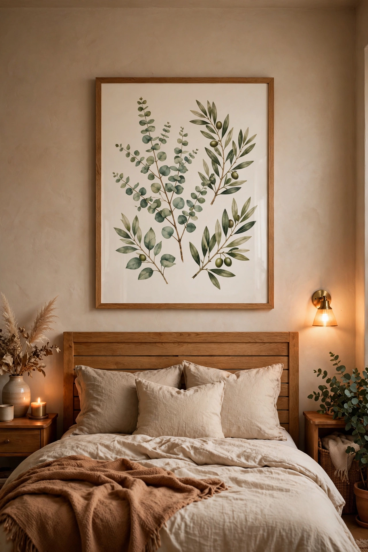 Large framed calming print centred above a bed headboard