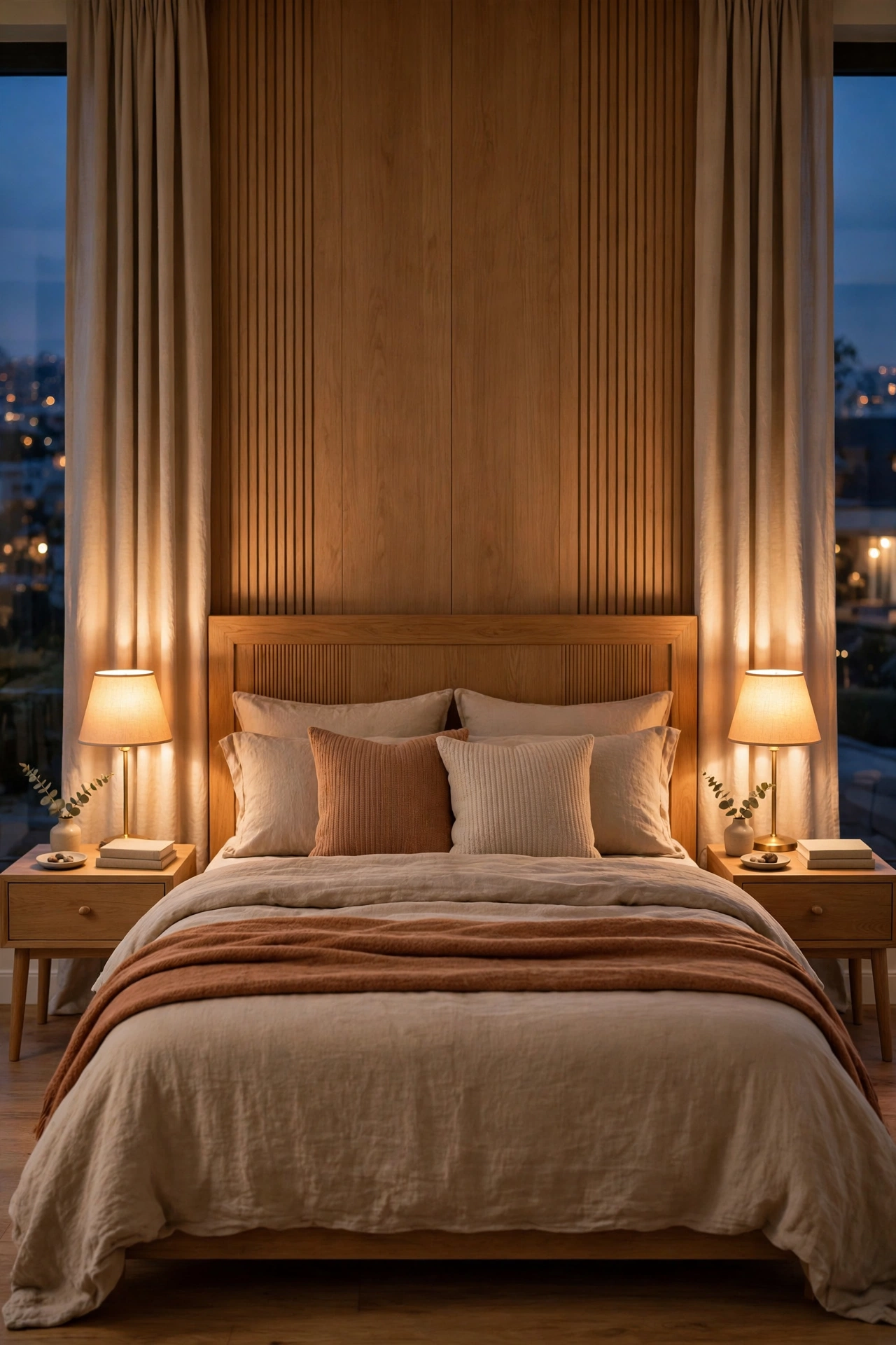 Matching small bedside lamps with warm shades on nightstands