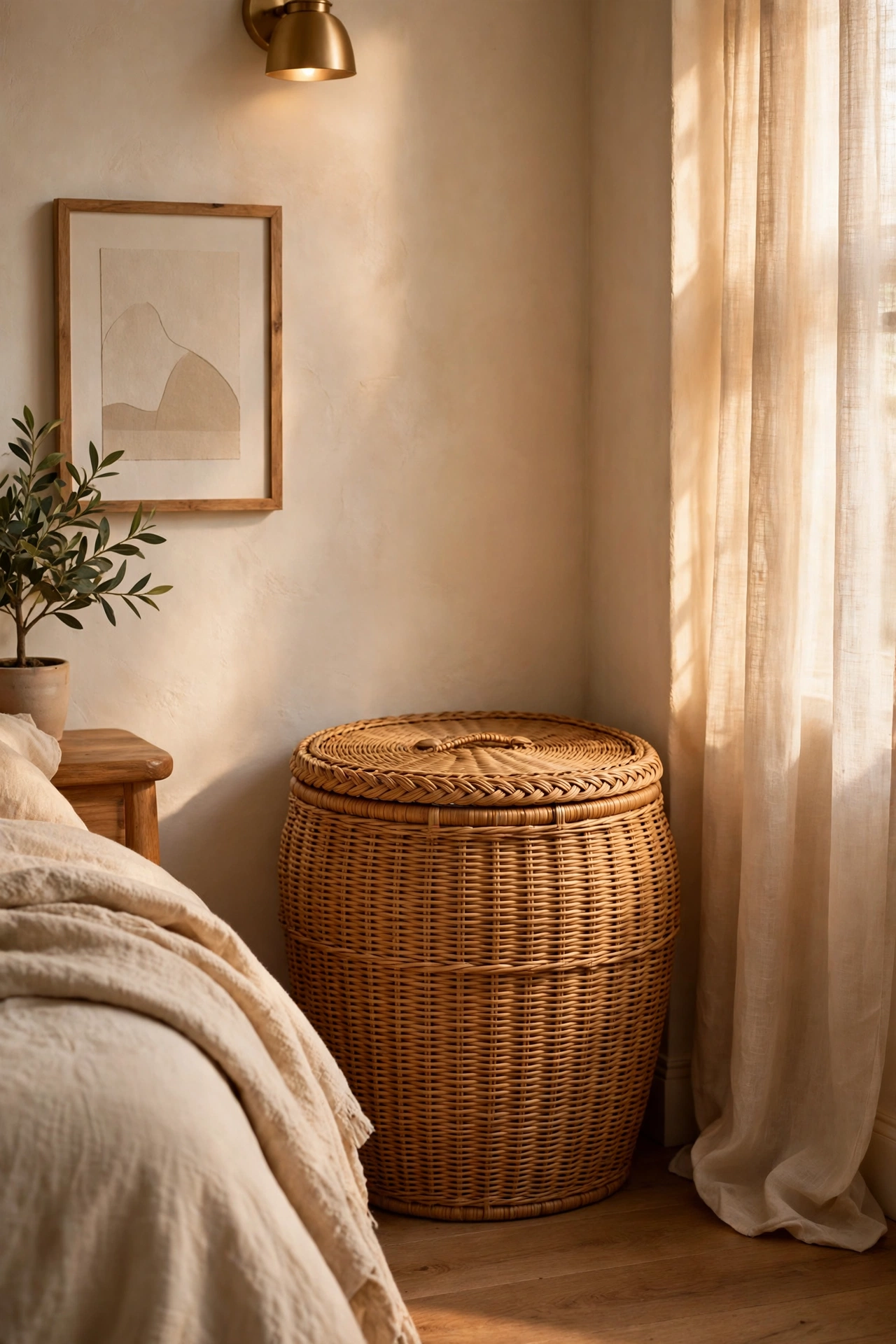 Lidded woven laundry hamper in a bedroom corner