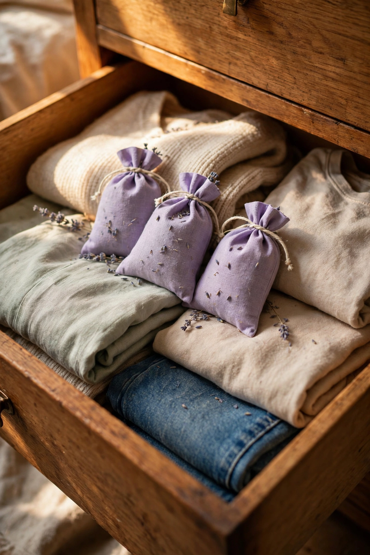 Lavender sachets tucked into an open dresser drawer