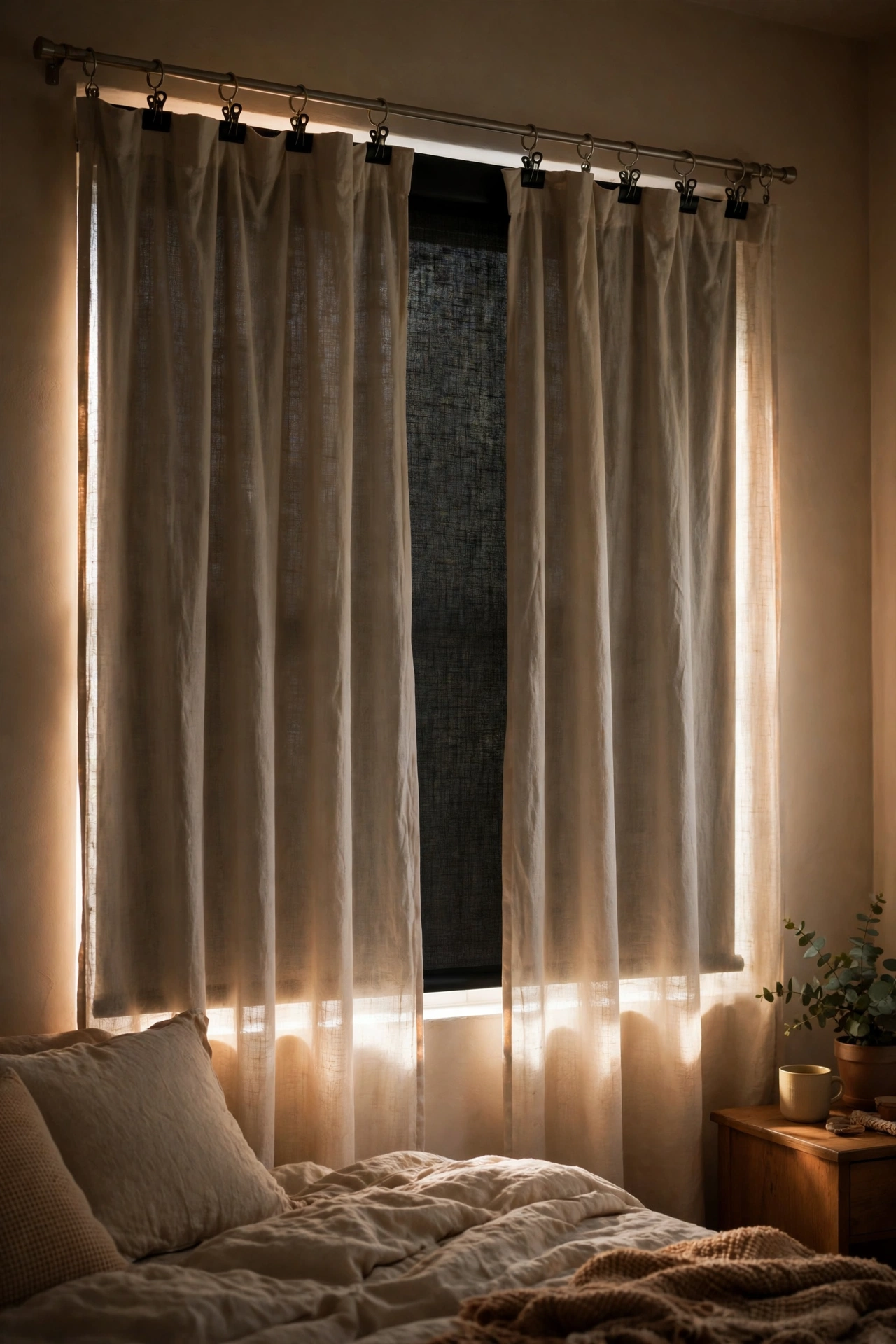 Clip-on blackout liners behind bedroom curtains