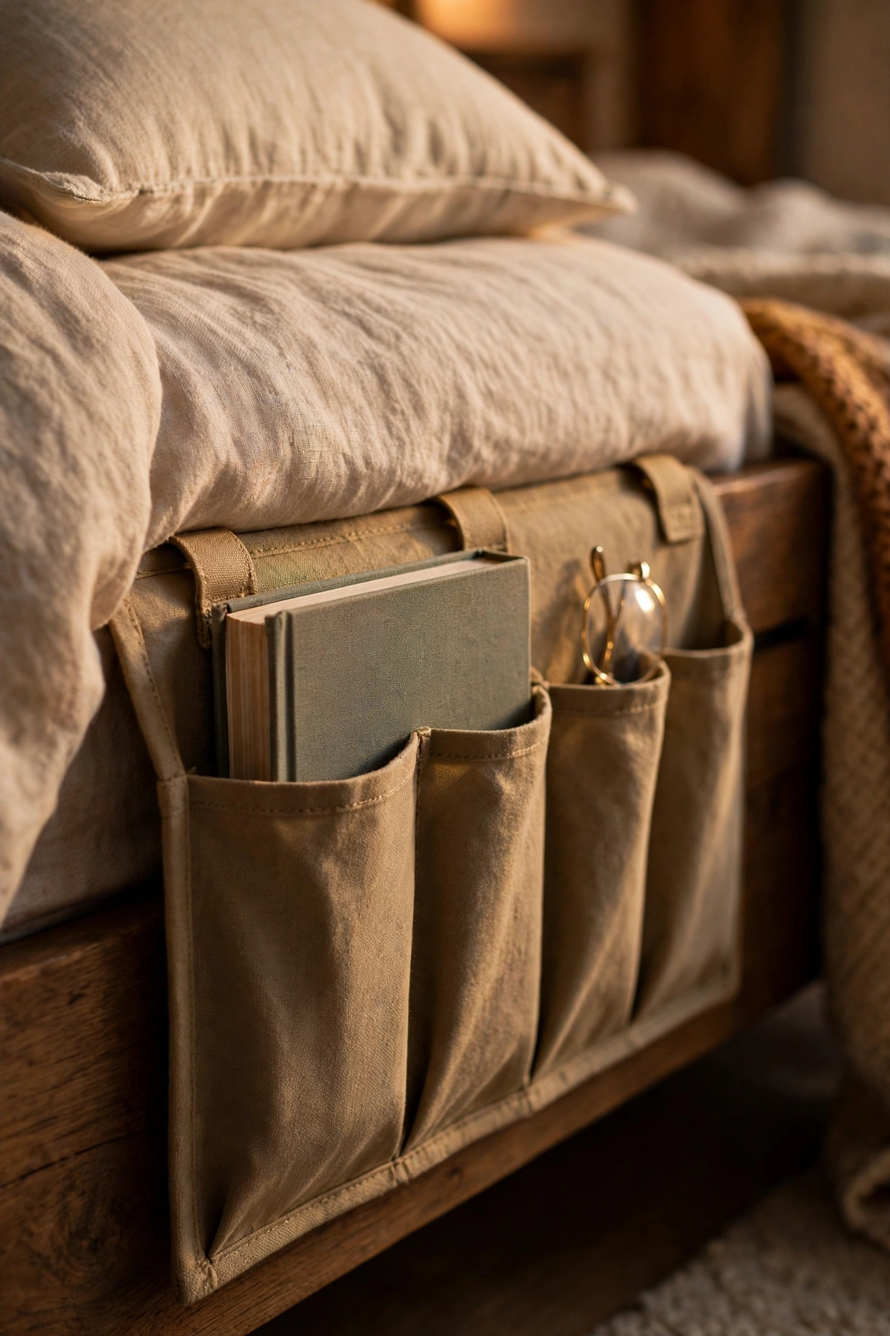 Fabric bedside caddy with divided pockets between mattress and frame
