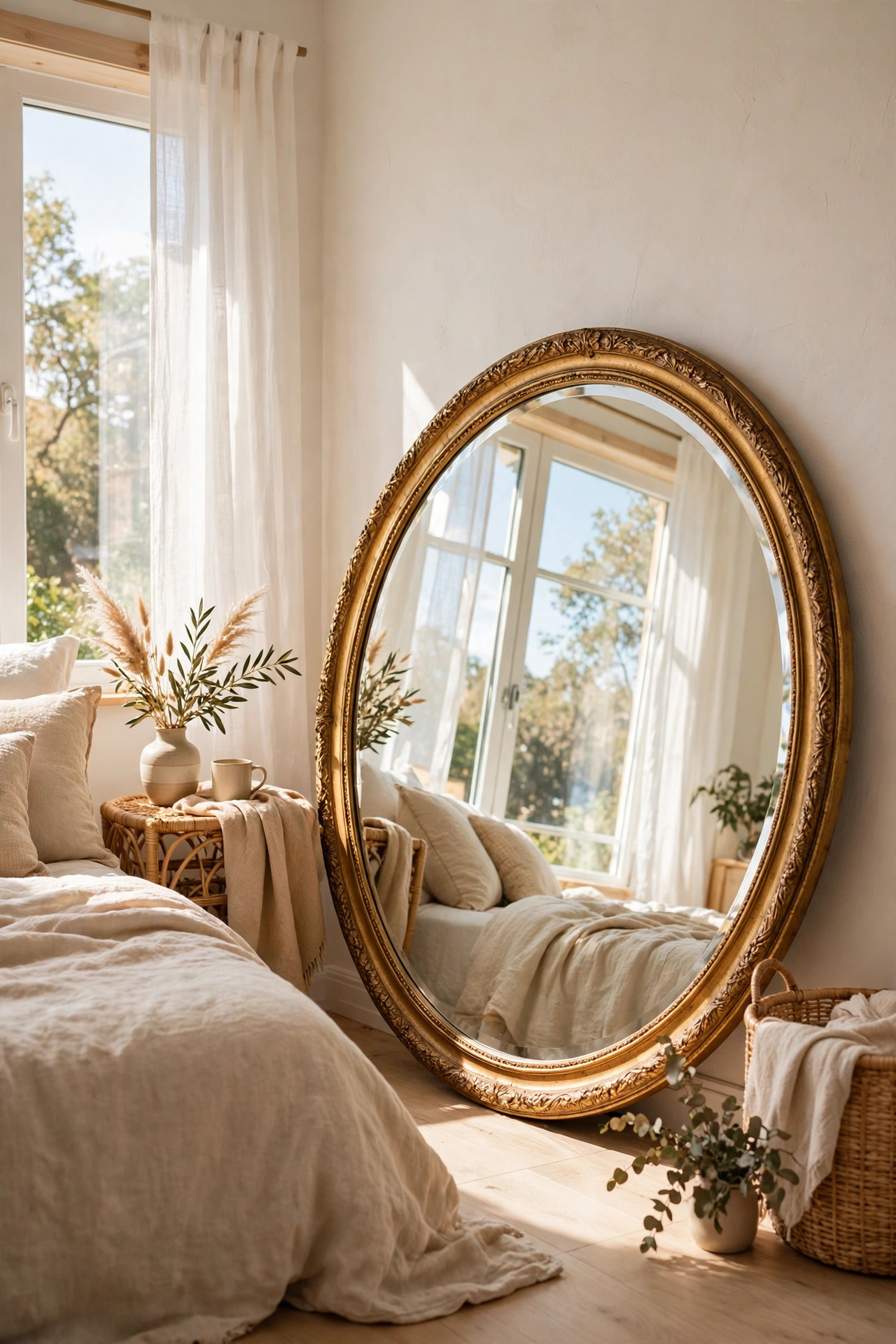 Round decorative mirror leaning against a bedroom wall
