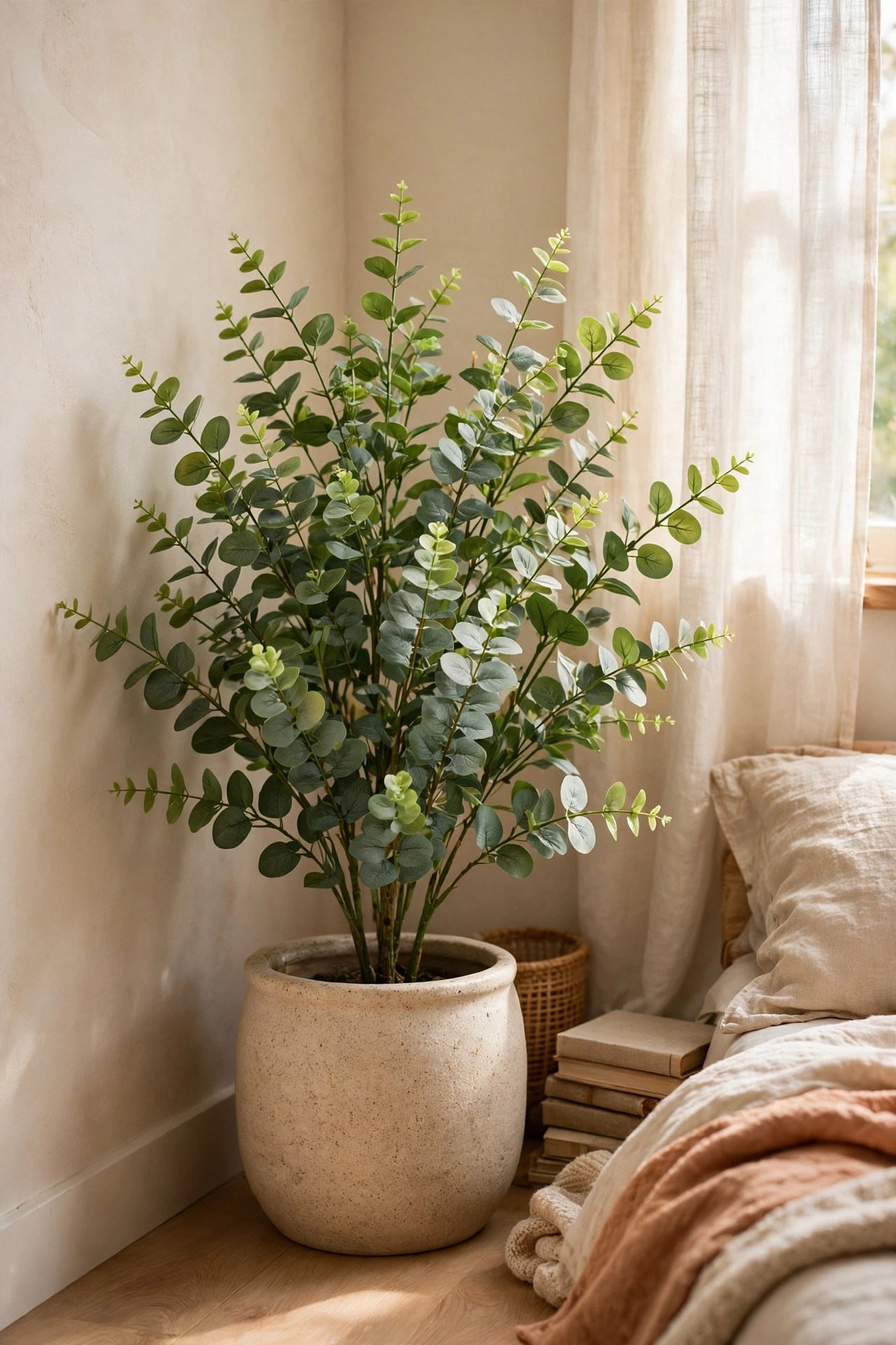 Medium faux plant in a ceramic pot filling a bedroom corner