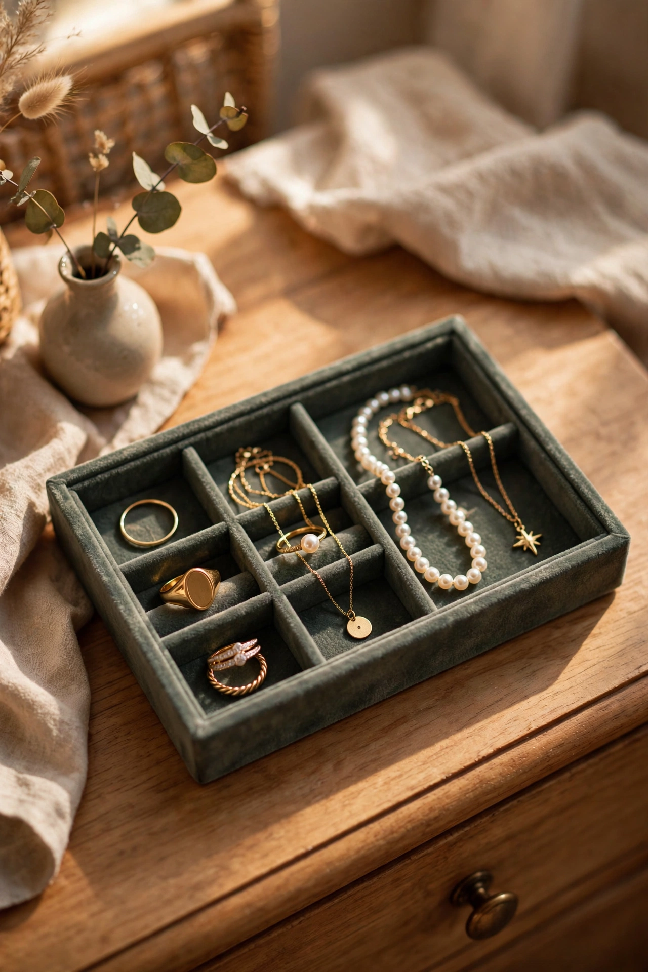 Small divided jewellery tray on a dresser with everyday pieces