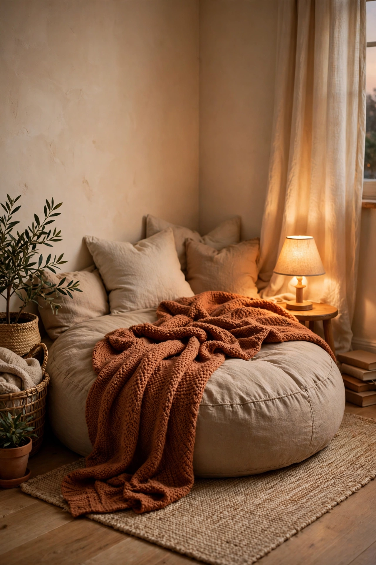 Big floor cushion with a throw forming a reading nook in a corner