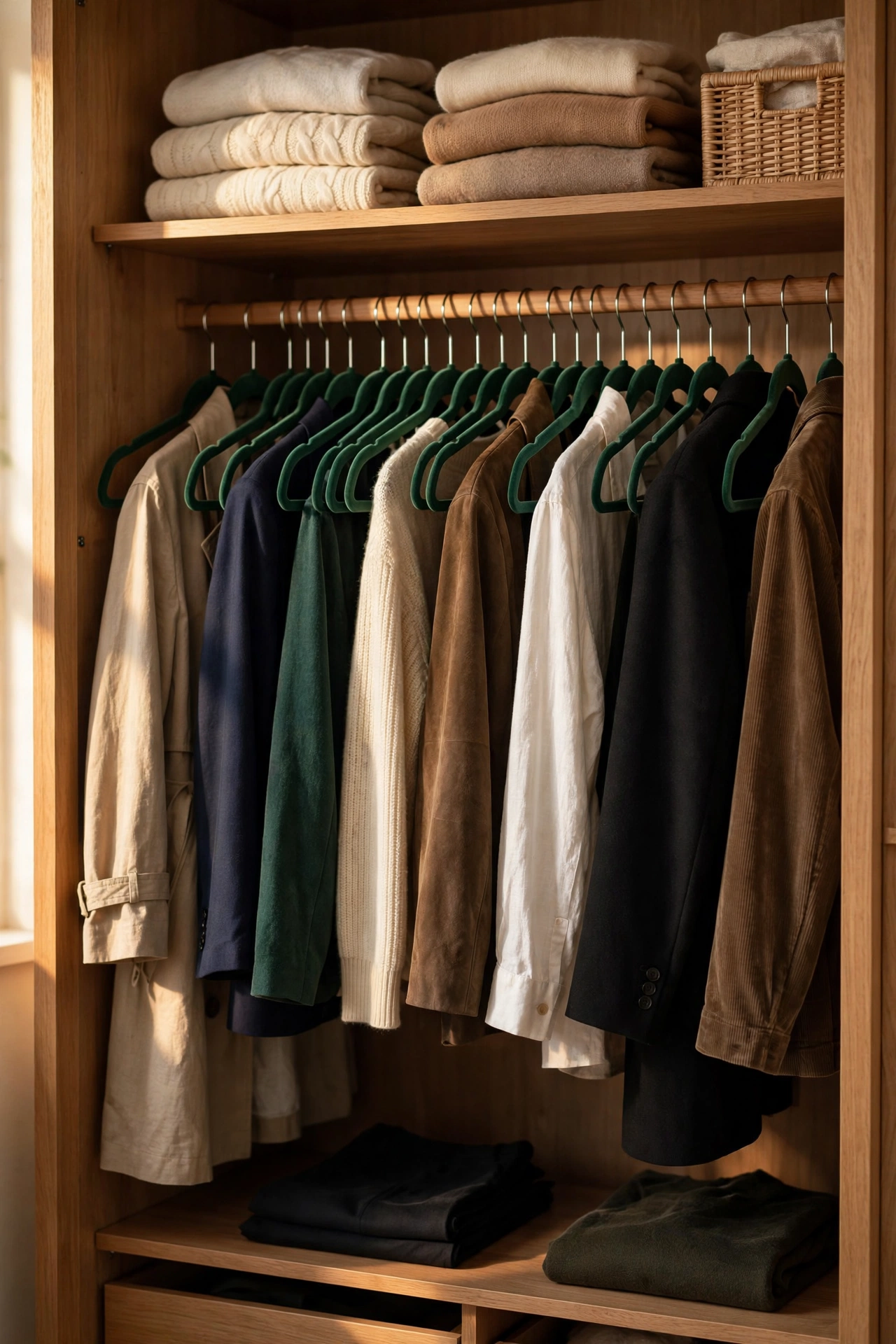 Wardrobe with matching slim velvet hangers in a neat row