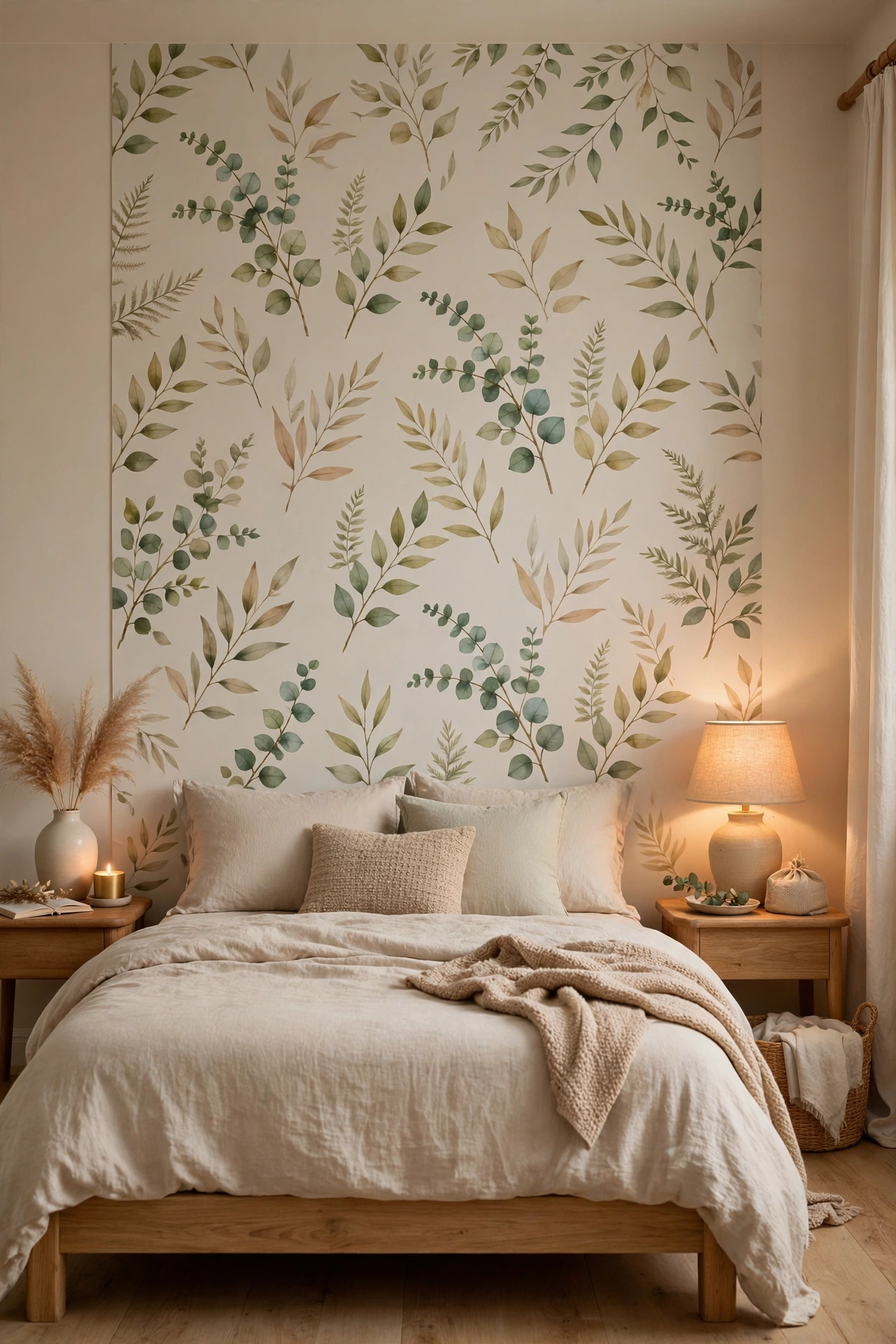 Calming peel-and-stick botanical wallpaper panel behind a bed