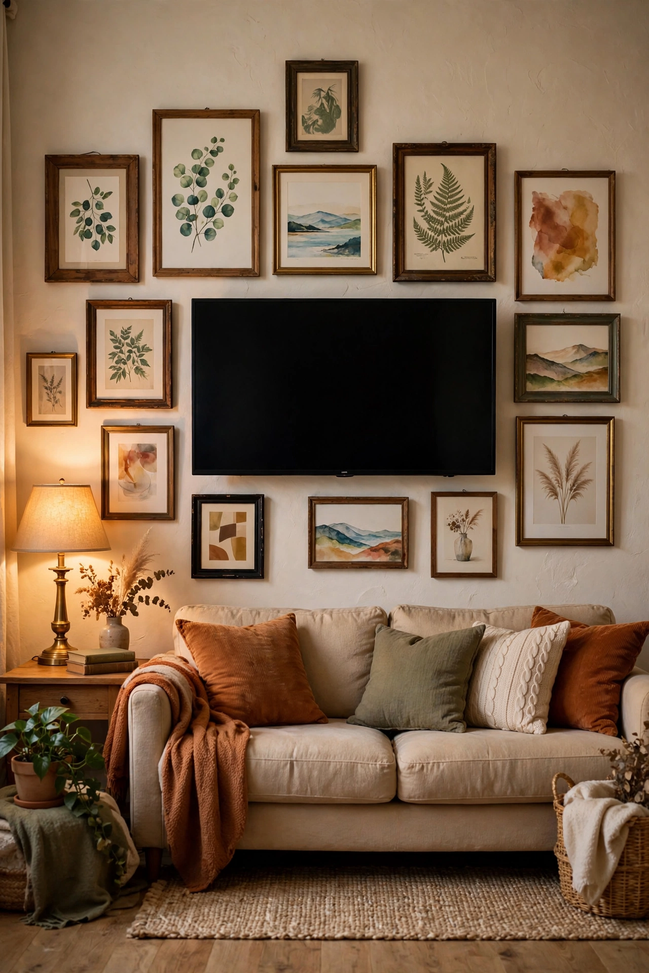 Budget TV wall idea: gallery wall of thrifted frames arranged around a wall-mounted TV