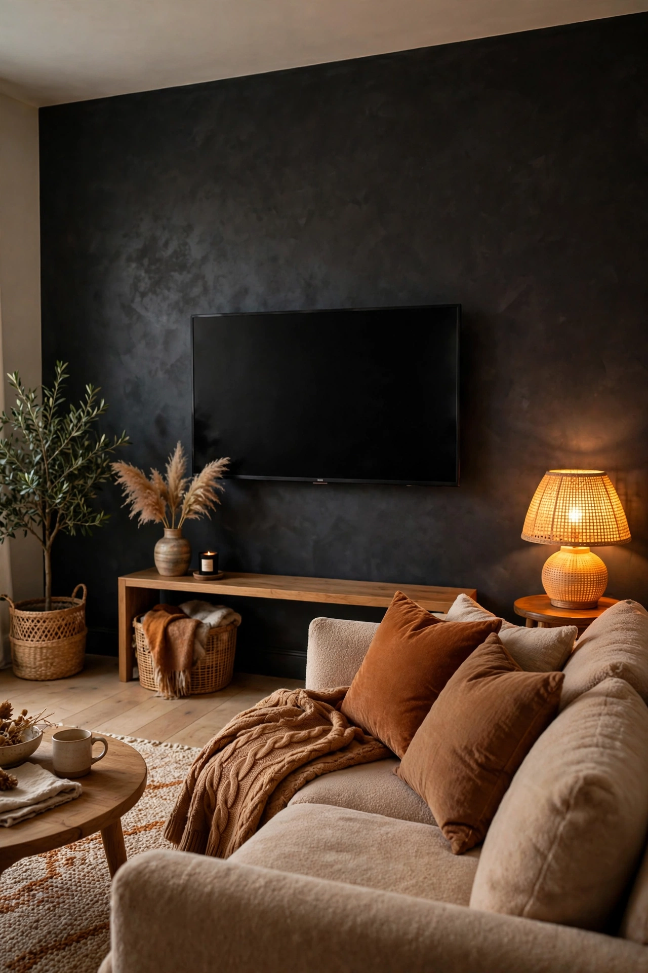 TV wall idea for pennies: dark charcoal accent wall making the TV blend in