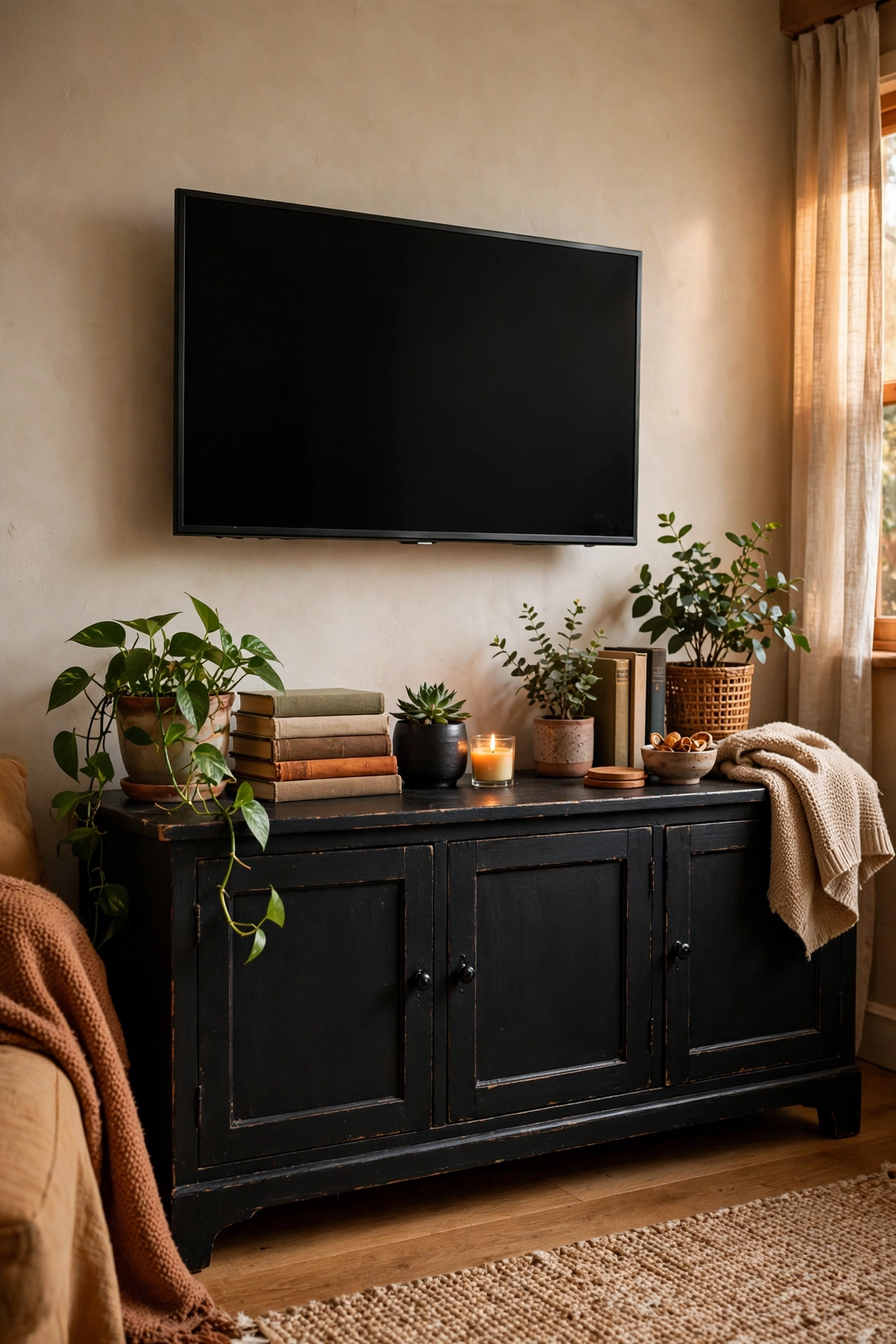 Thrifted wooden credenza painted black used as a TV console