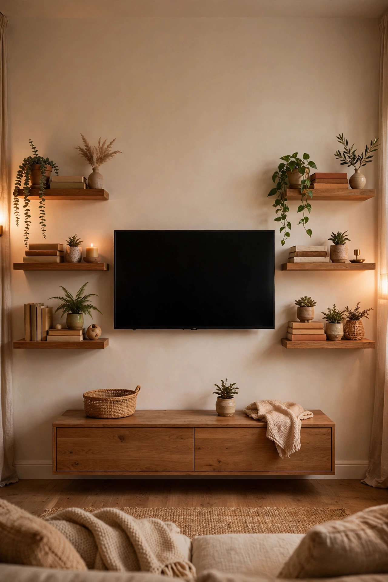 Floating shelves flanking a TV styled with books and plants in a living room