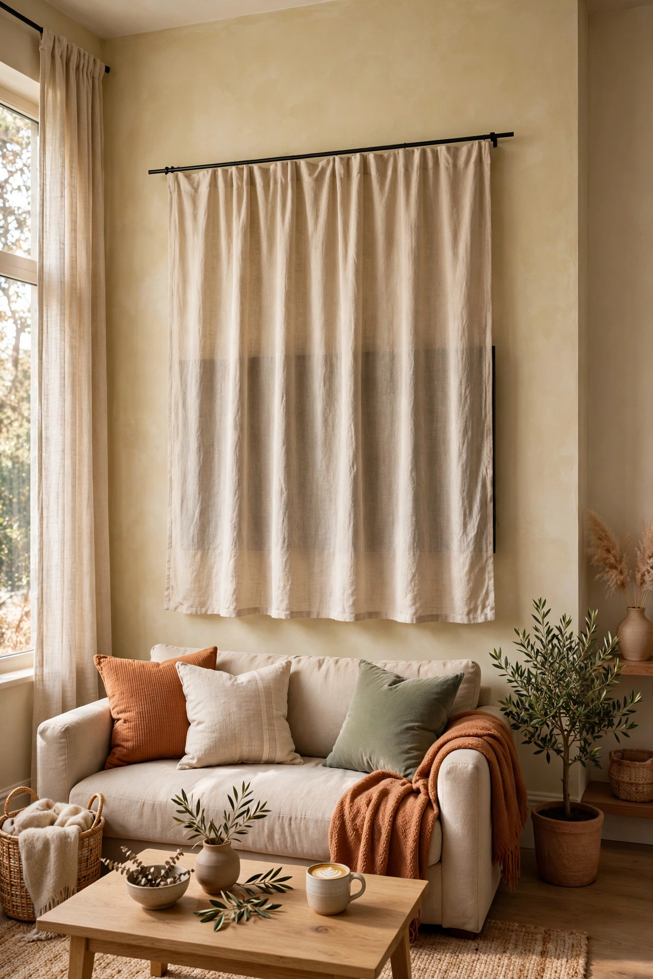 Fabric panel curtain covering a TV on the wall when not in use