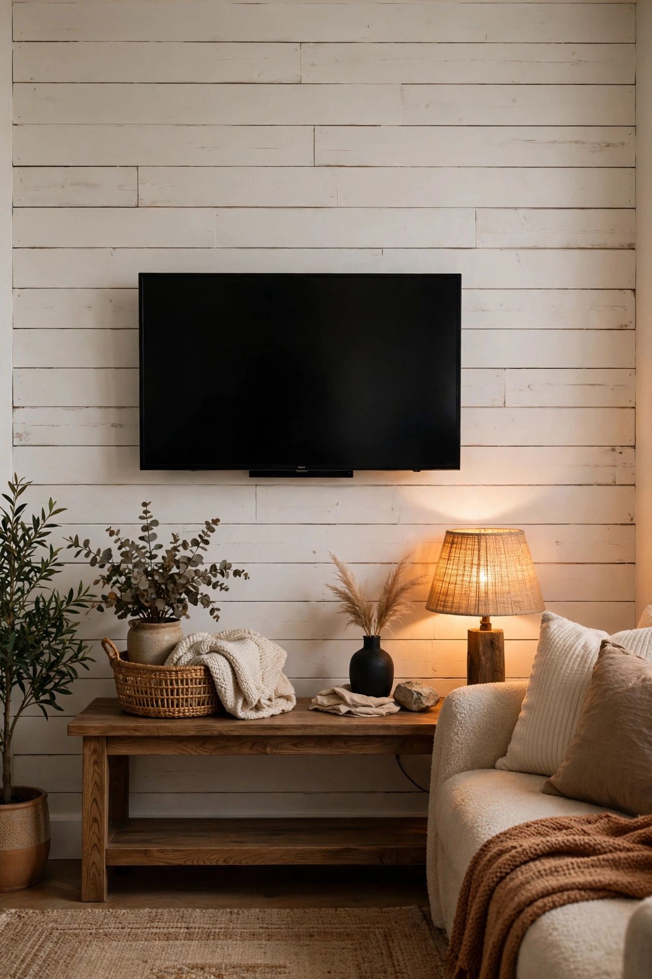 Shiplap-style plank wall behind a TV in a budget living room