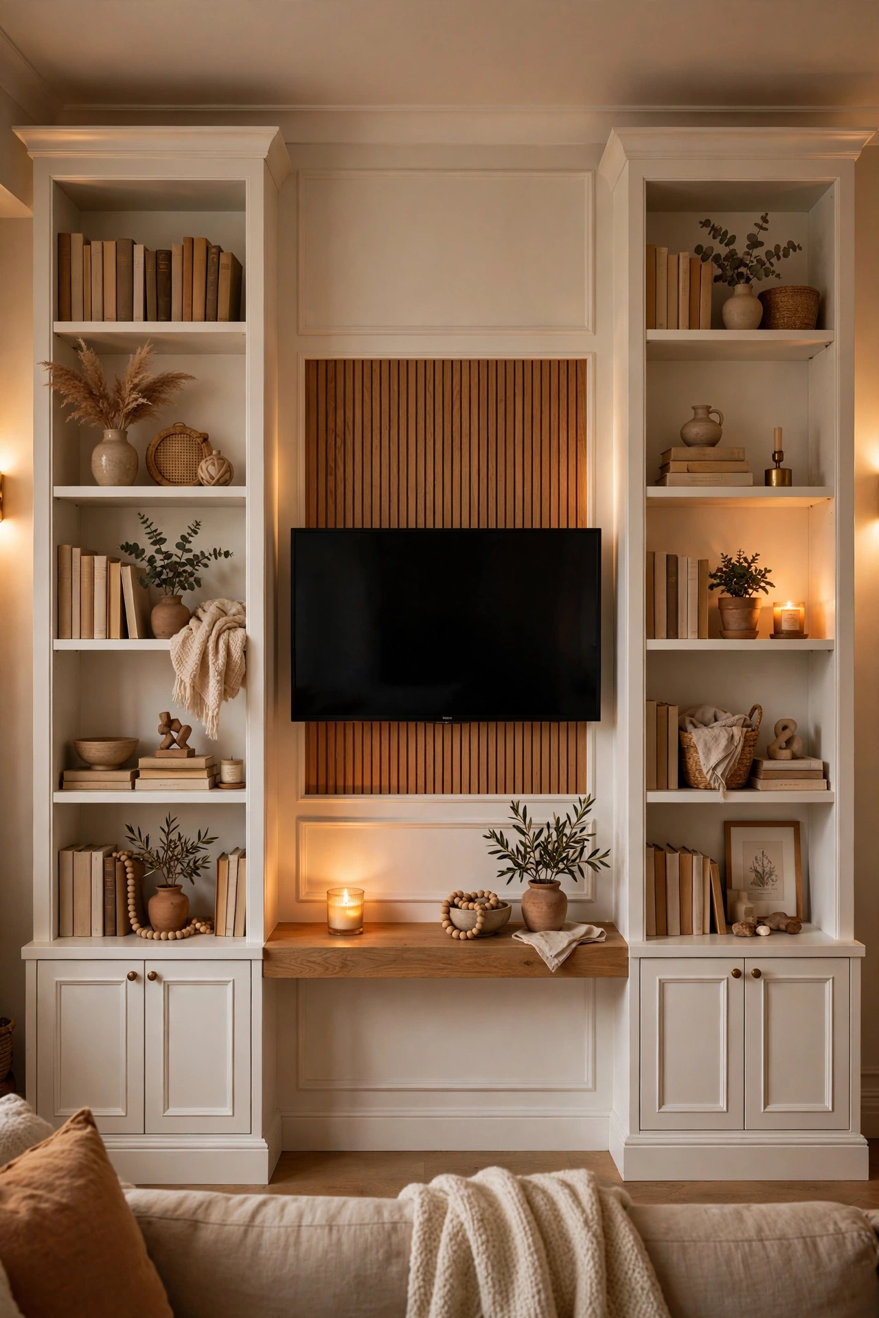 Two bookcases flanking a TV faking built-in media storage in a living room