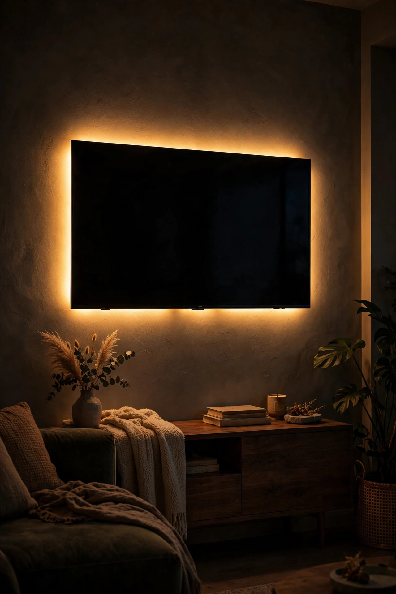 LED backlight strip glowing behind a wall-mounted TV in a dark living room