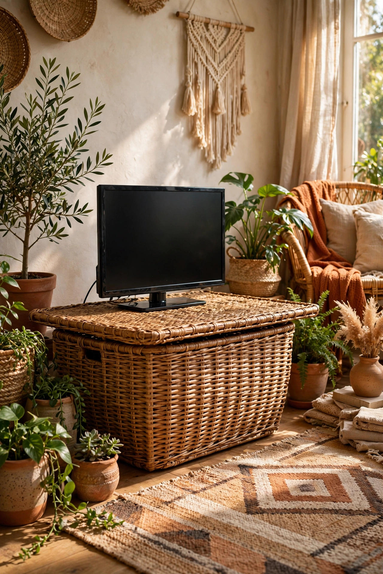 Large woven basket used as a boho TV stand for a small television