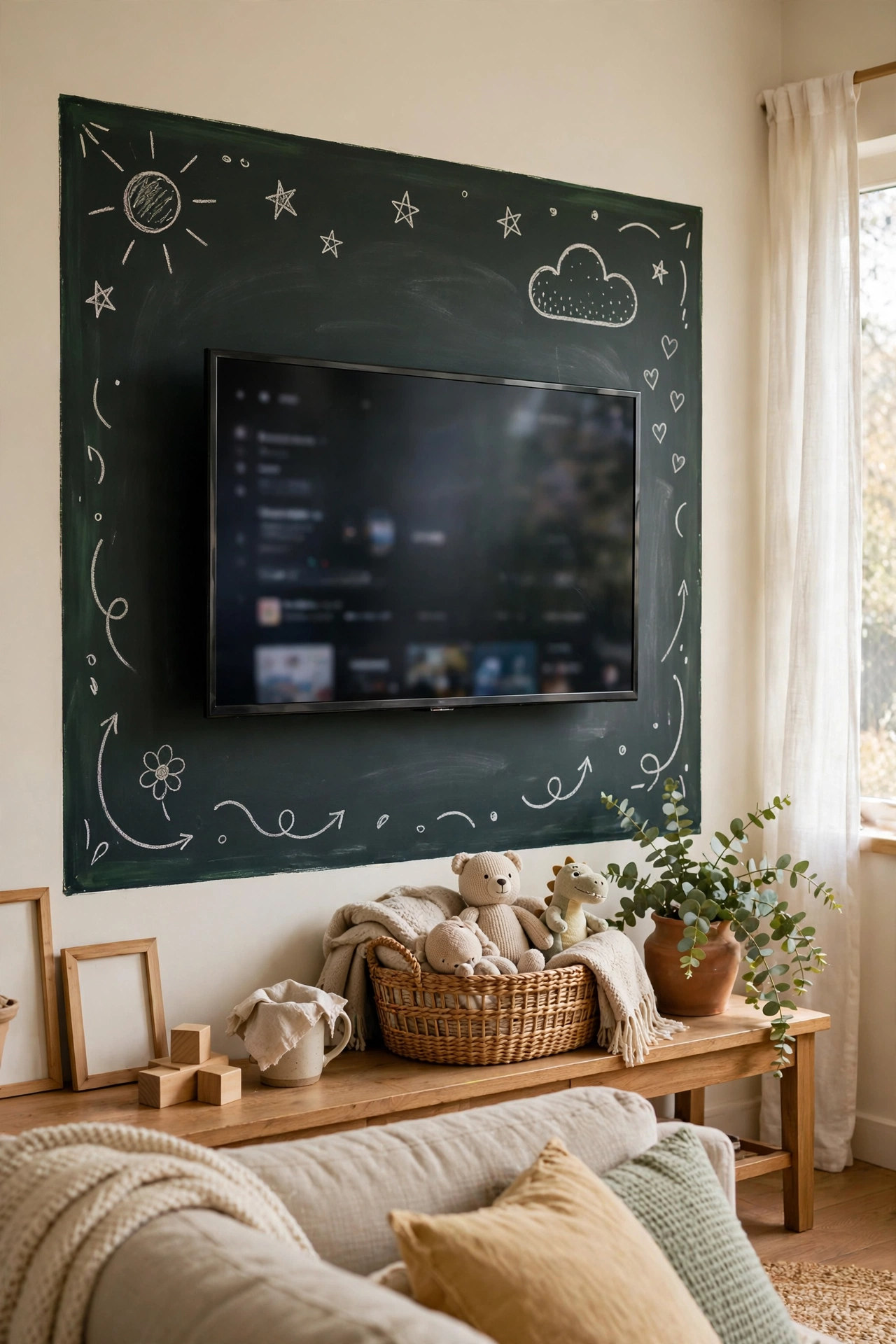Chalkboard paint frame rectangle around a TV with chalk doodles