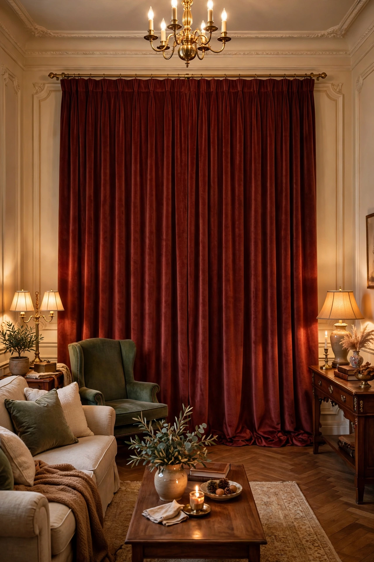 Full-length curtain panels closed over a TV like a stage curtain in a living room