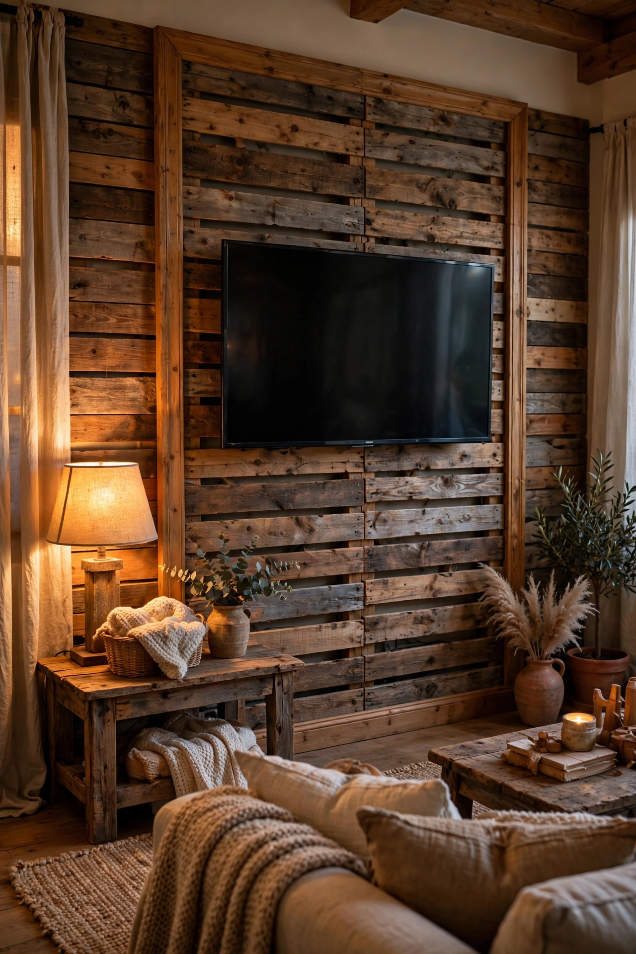 Pallet wood panel backdrop behind a TV in a rustic living room