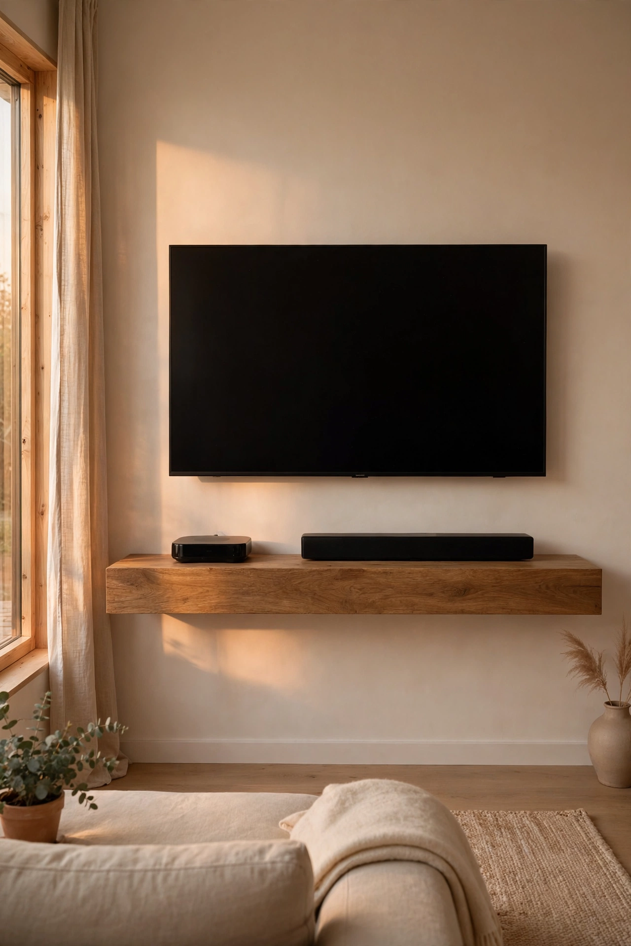 Single thick floating shelf under a wall-mounted TV holding a cable box