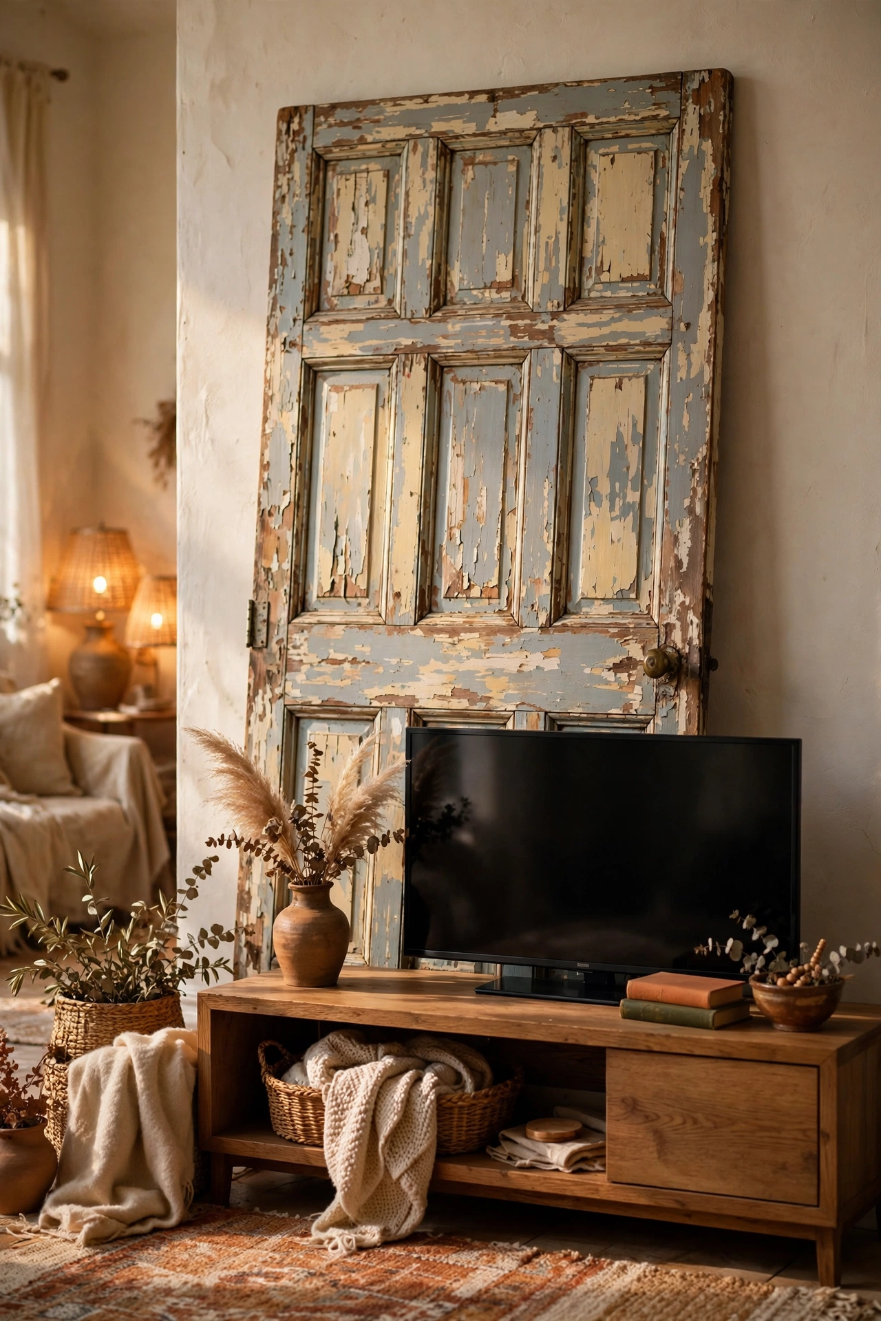 Vintage wooden door leaned against the wall as a backdrop behind a TV