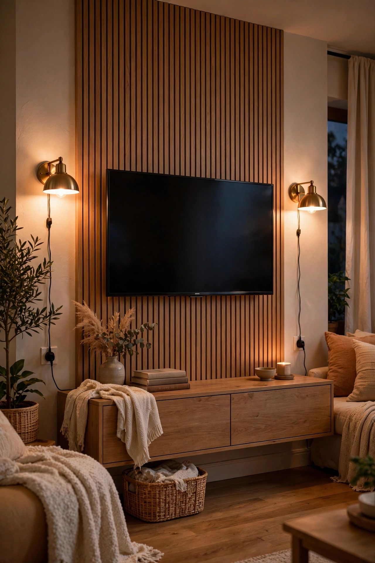Two plug-in wall sconces flanking a TV symmetrically in a living room