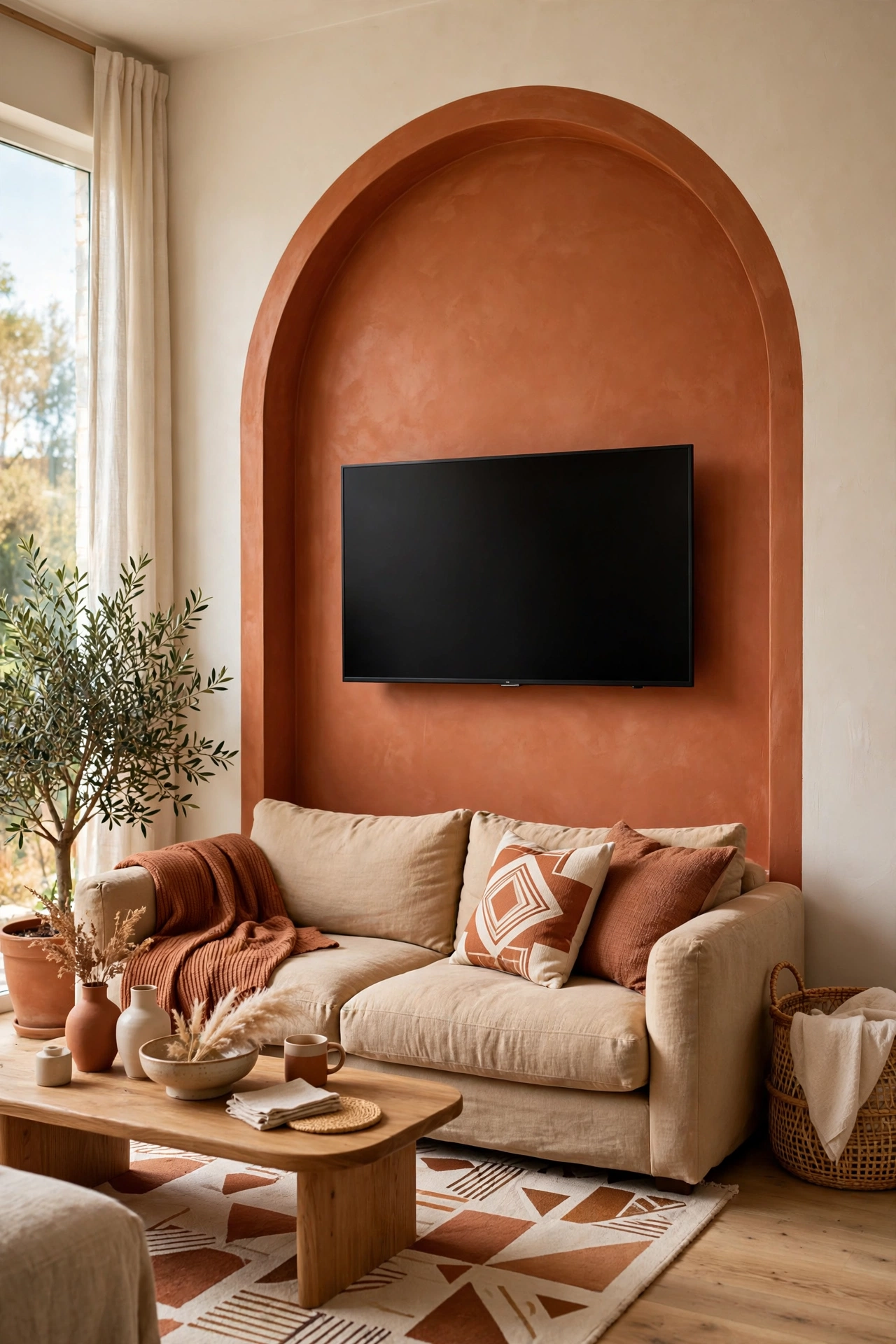 Terracotta painted arch on the wall framing a TV in a modern living room