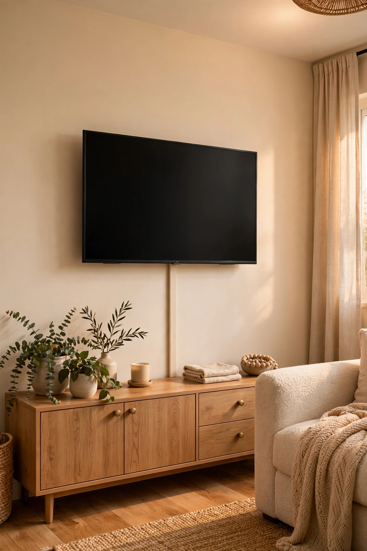 Painted cord covers hiding TV cables on a styled living room wall