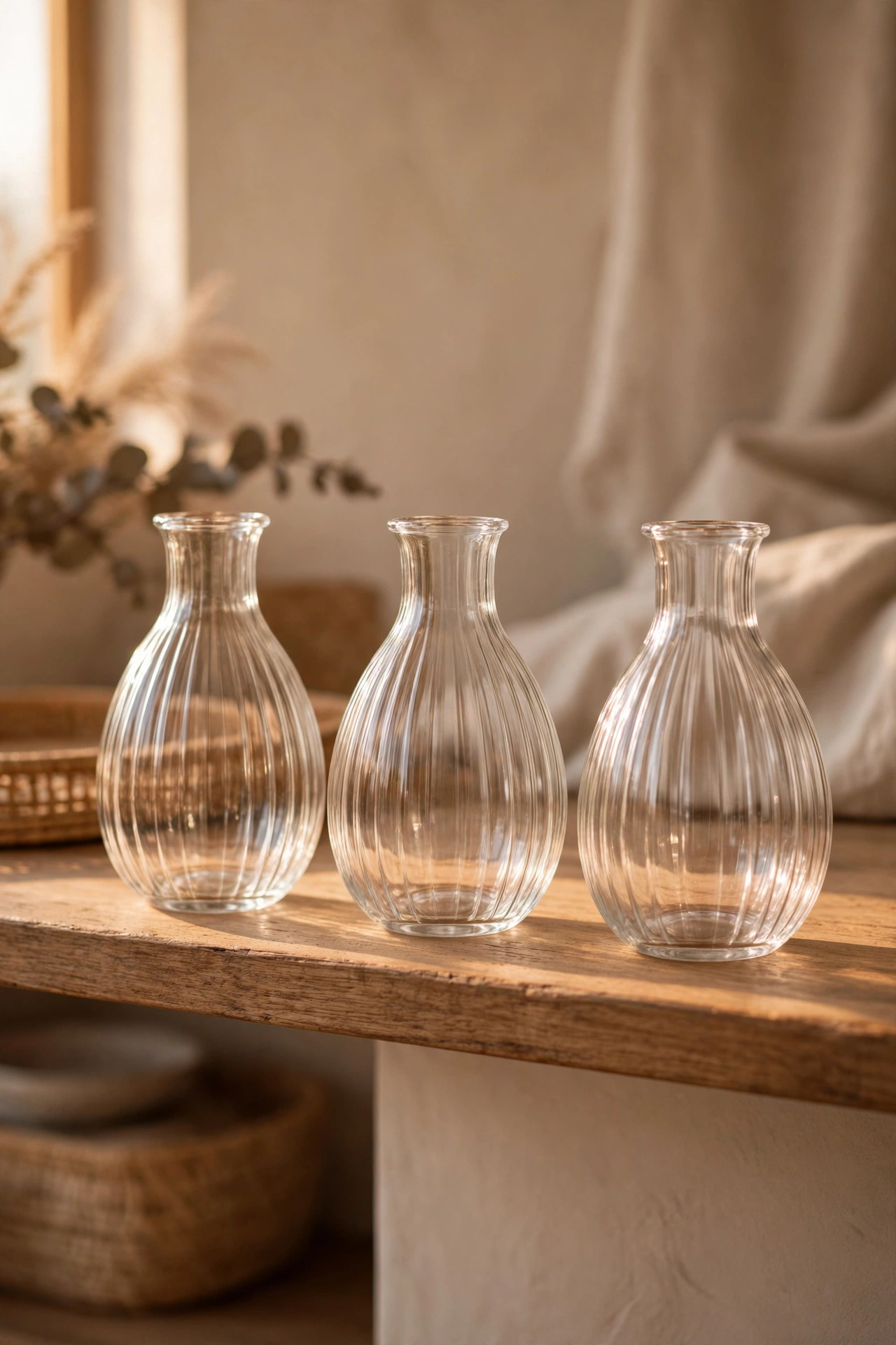 Three identical glass vases styled as a matching set on a shelf