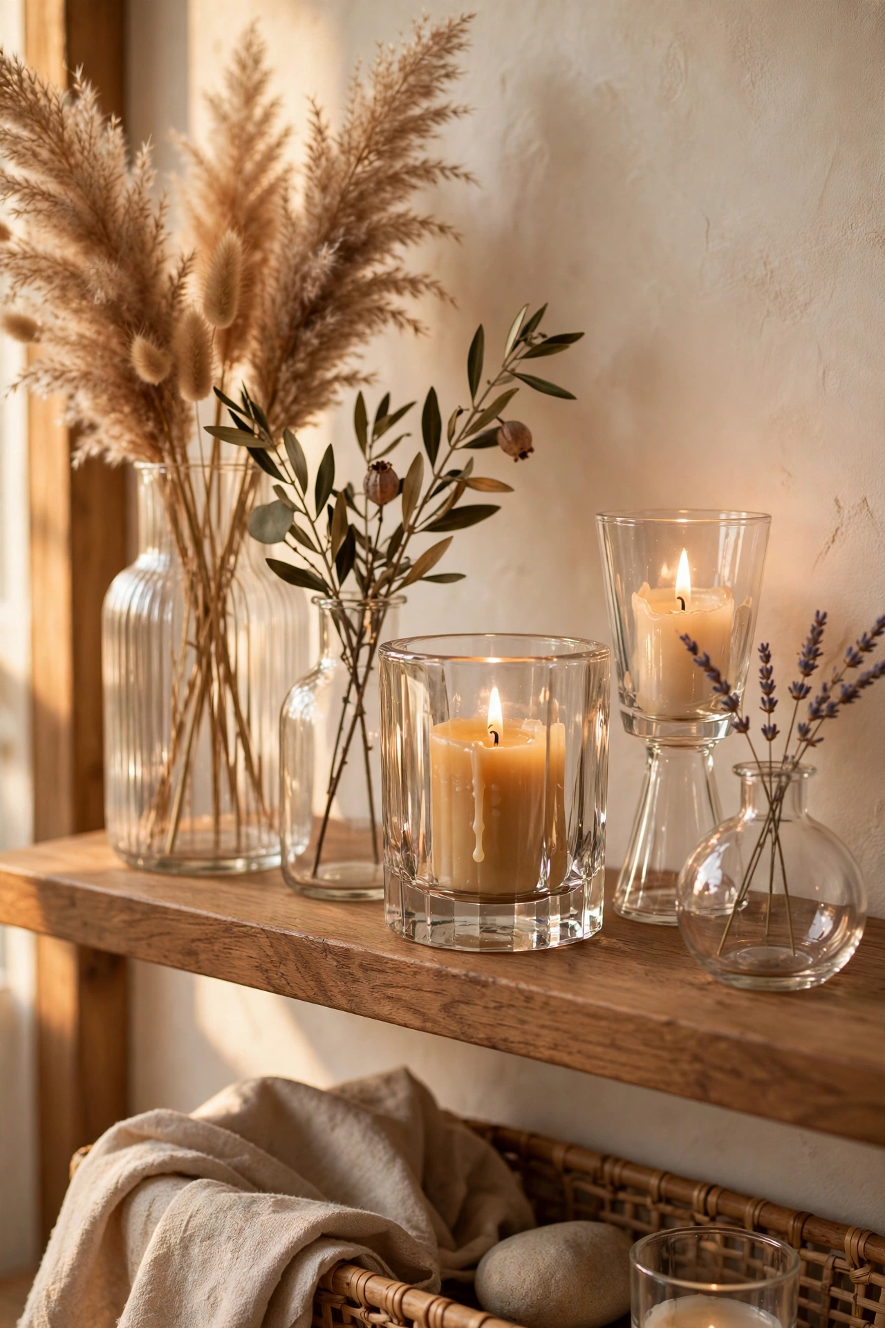 Glass vases and candle holders chosen over plastic on a styled shelf
