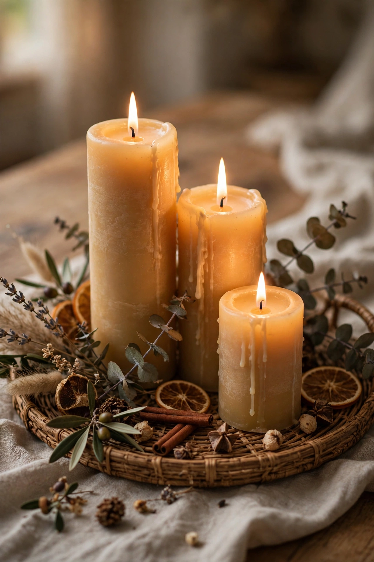 Three candles at varying heights clustered on a tray