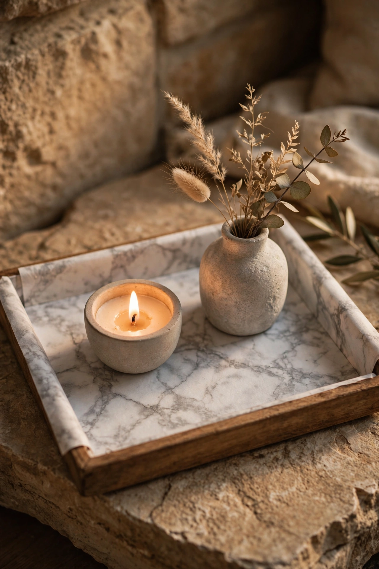 Tray lined with faux marble contact paper styled with accessories