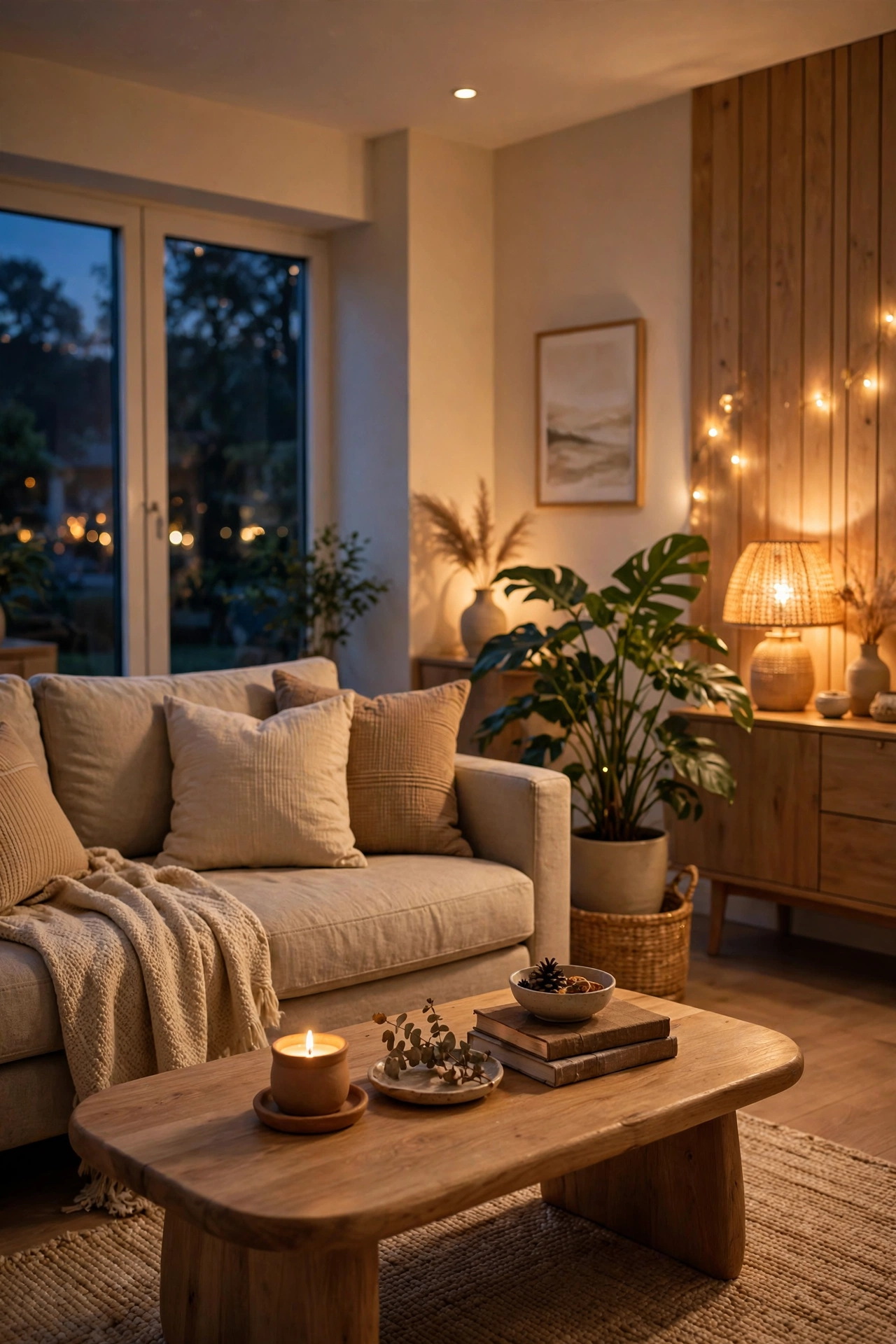Living room glowing with warm white 2700K lighting in the evening
