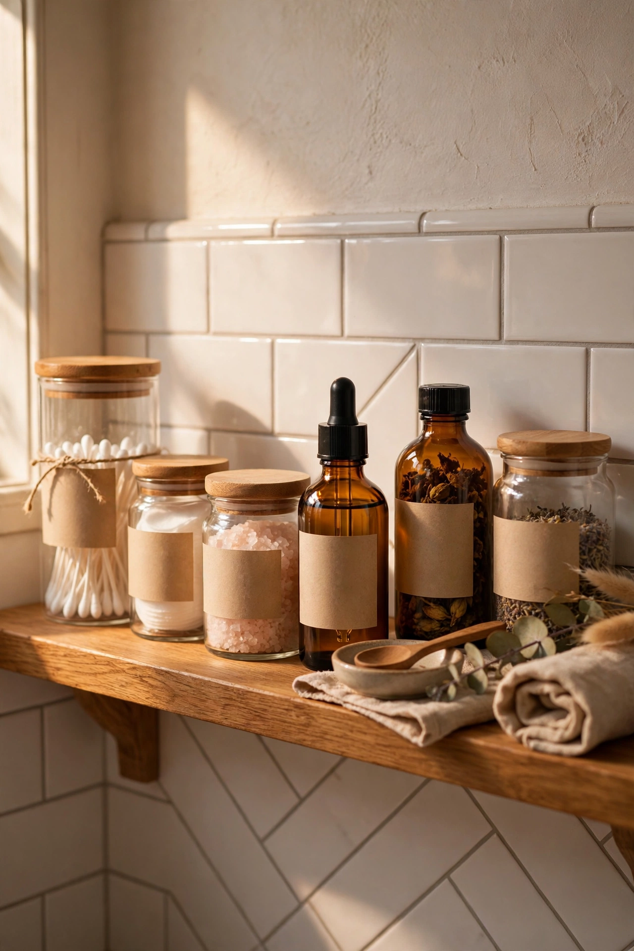 Matching uniform bottles and jars decanted on a bathroom shelf