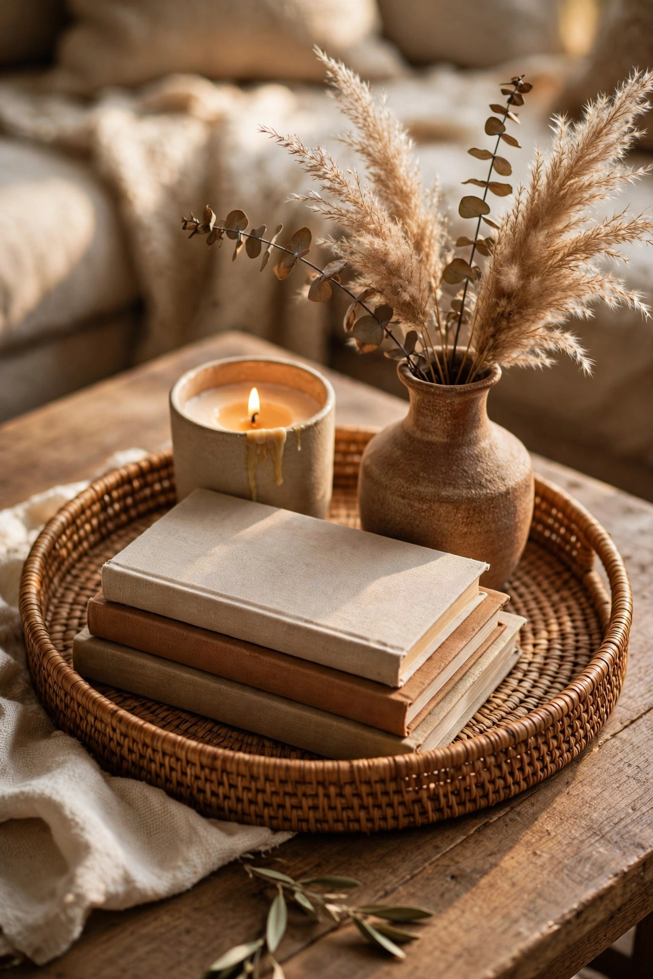 Woven tray corralling styled objects into a vignette on a coffee table