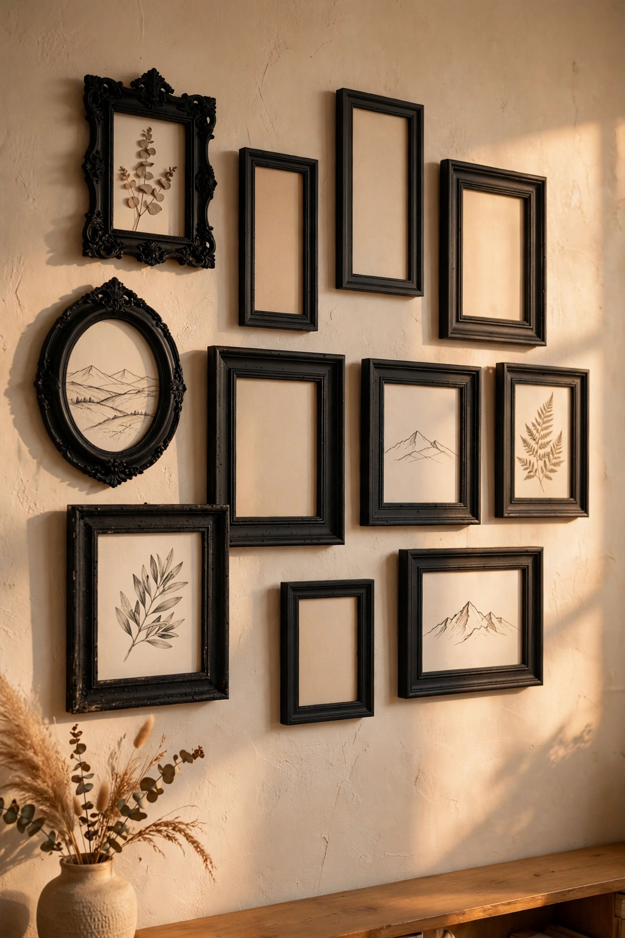 Mismatched frames unified with matte black spray paint on a wall