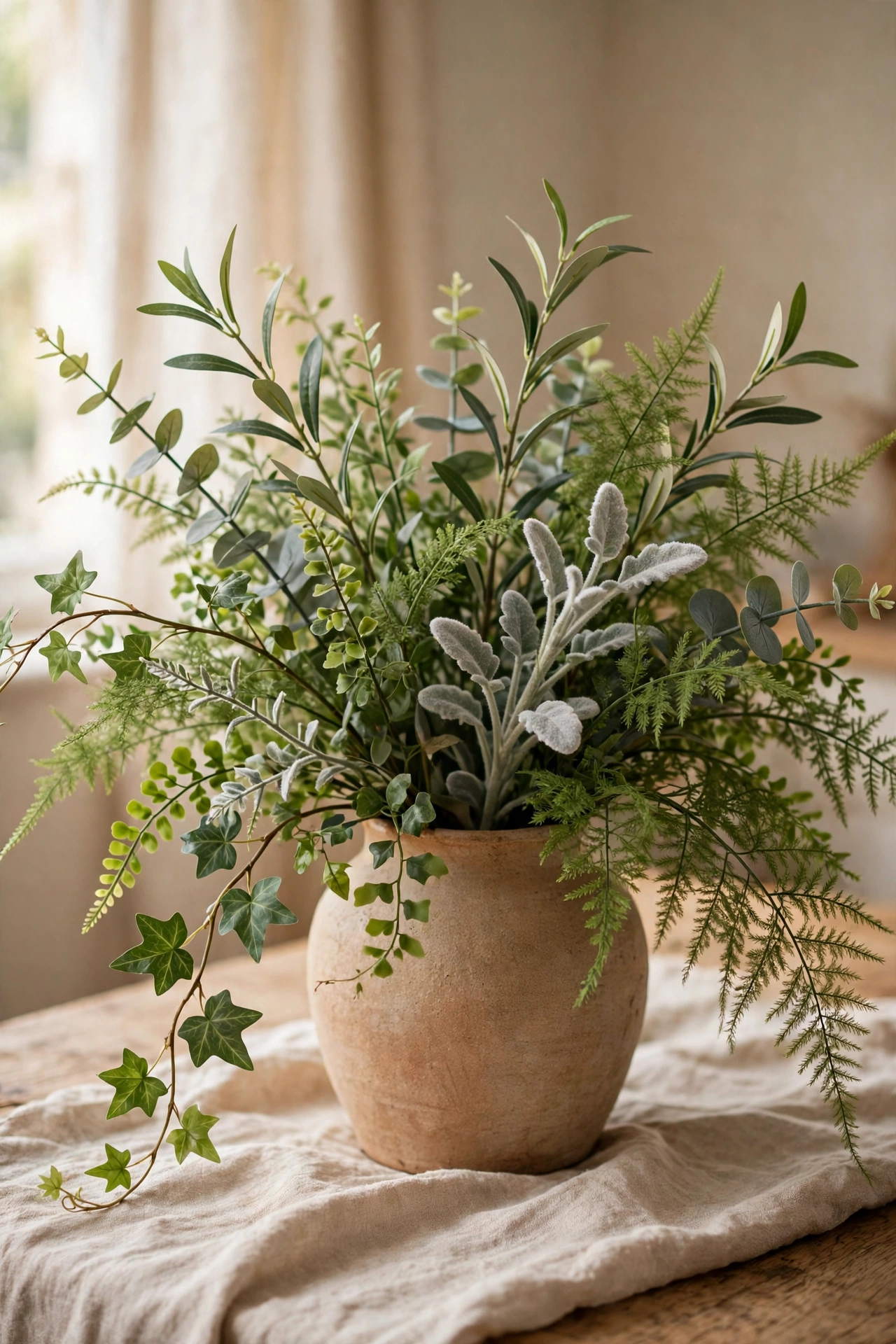 Convincing faux greenery stems arranged naturally in a vase