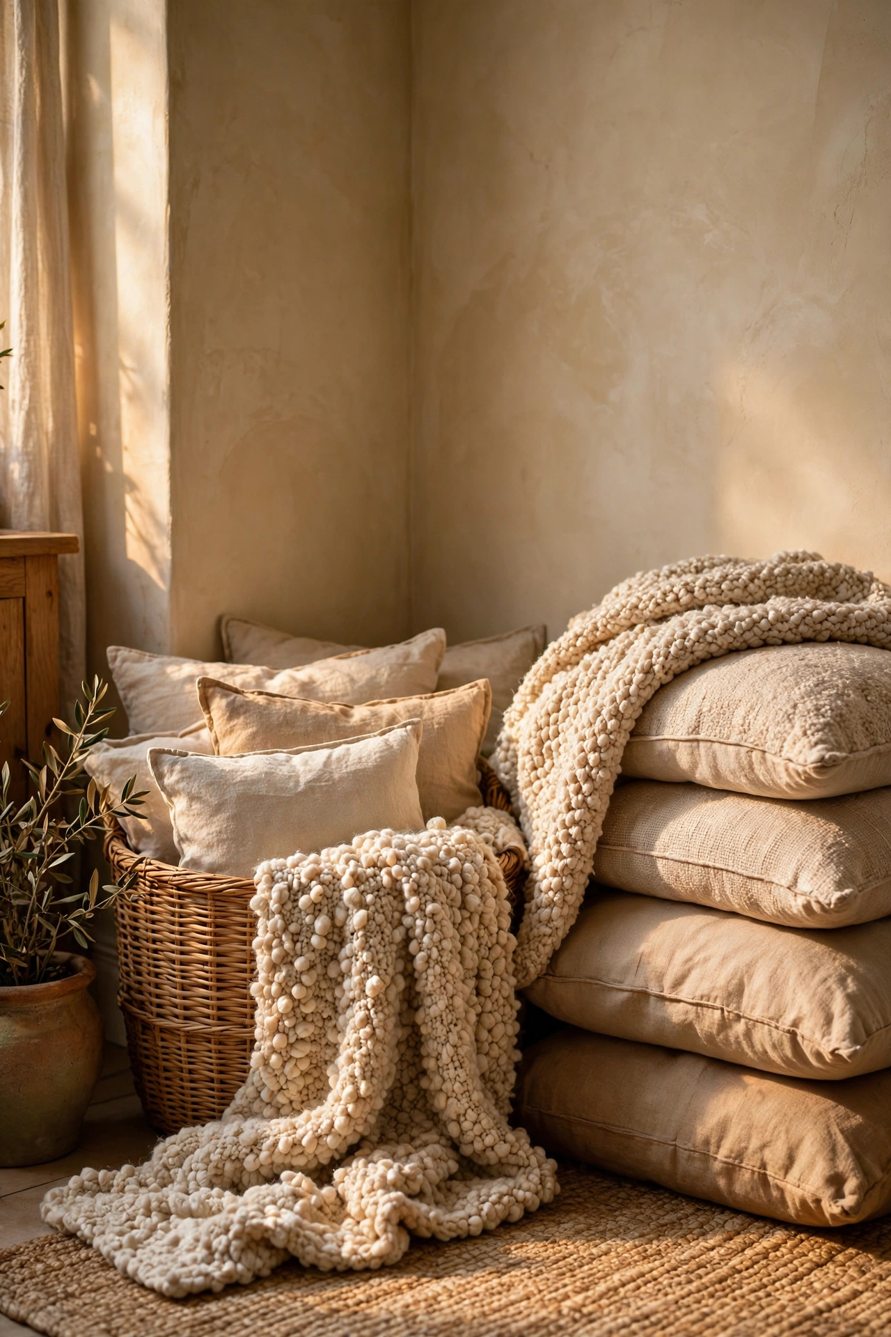 Layered linen cushions, woven basket and nubby throw in one corner
