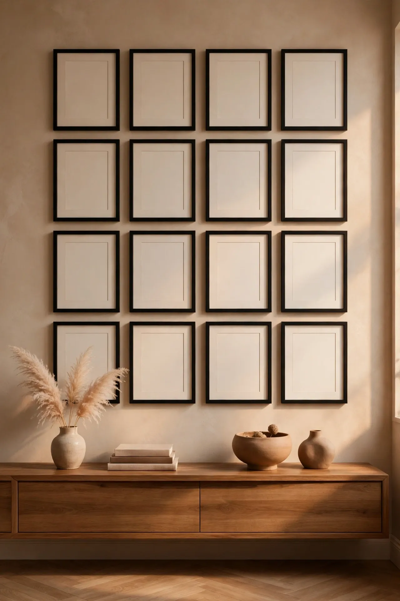 Tight grid of identical frames with even spacing on a wall