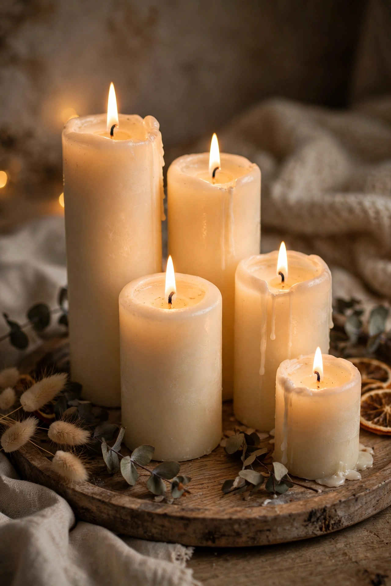 Five pillar candles in one colour family on a tray